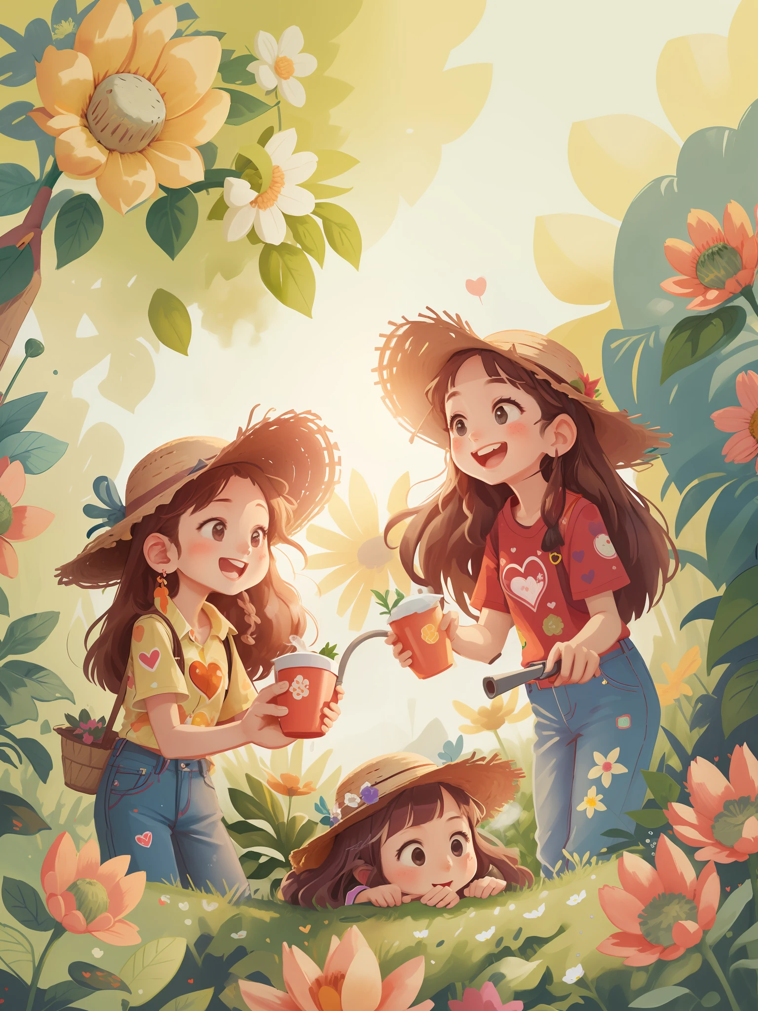 Three girls with straight hair and long hair,Wear a heart-patterned shirt and trousers,Straw hat,Plant watering,Have fun,Convivial atmosphere,Sunny,In a sea of flowers,A Masterpiece,Ridily details,Ultra-wide lens