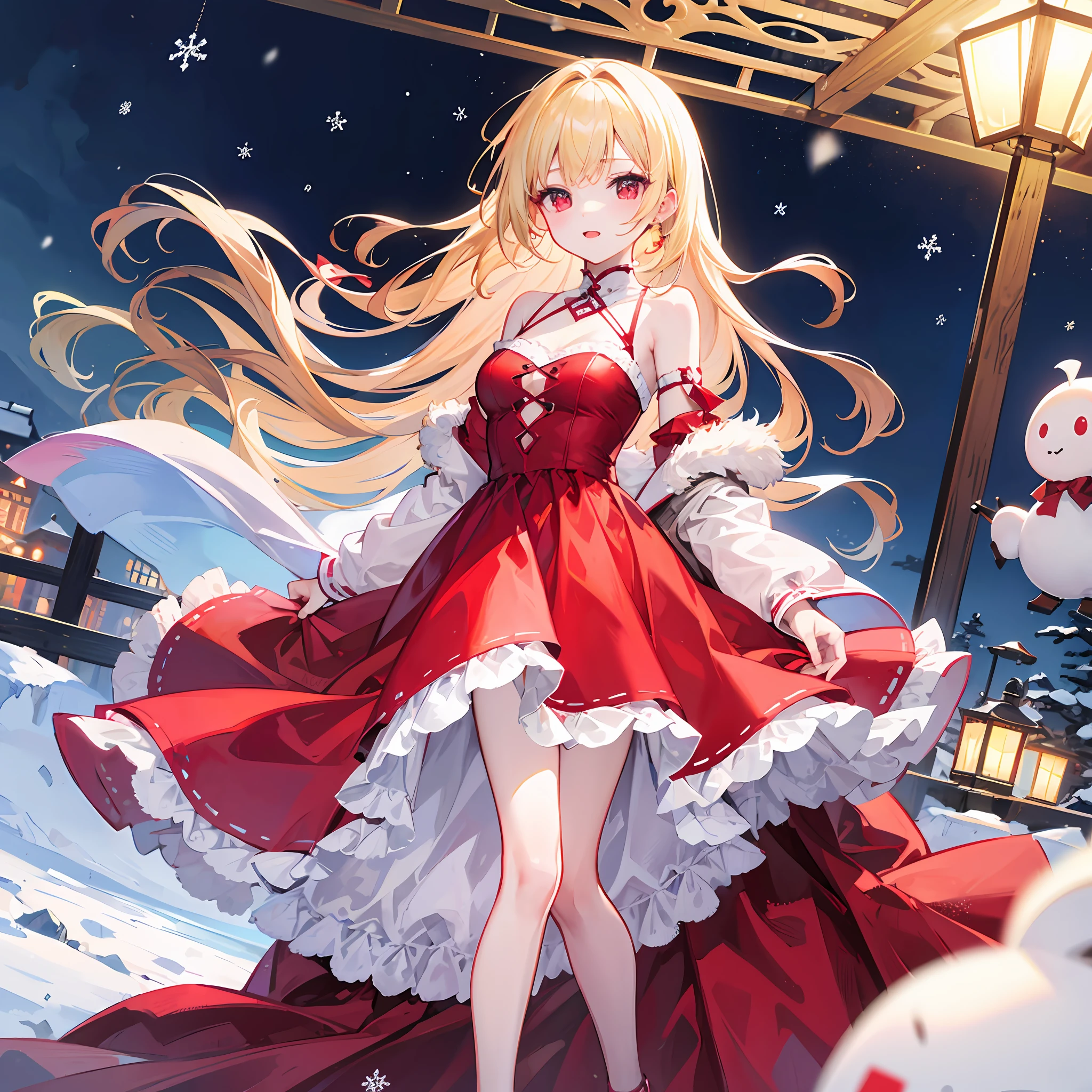 One blonde girl、red-eyed、Red dress、night、snowy