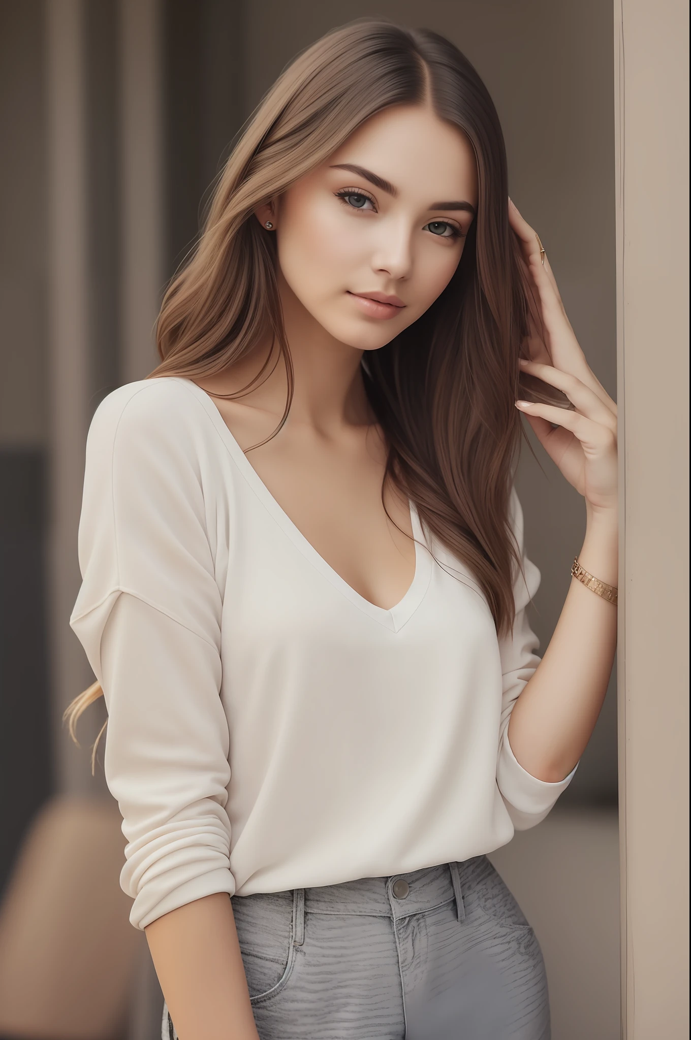 a photo of a woman, casual dressed, realistic skin