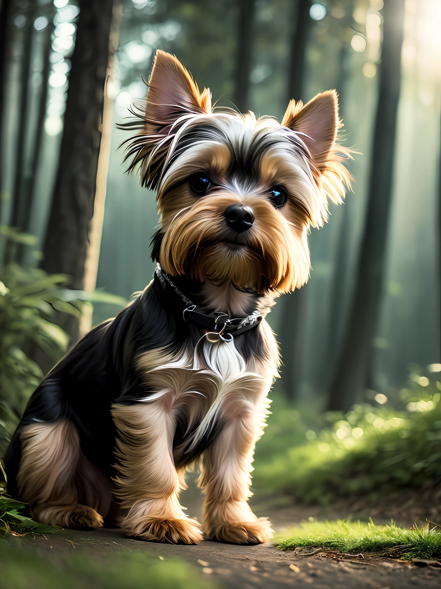 foto em close de um cachorrinho yorkshire terrier, com 10 anos de idade pulando muito fofo na floresta, soft volumetric lights (retroiluminação: 1.3), (kinematics: 1.2), detalhes intrincados (ArtStation: 1.3), Rutkowski