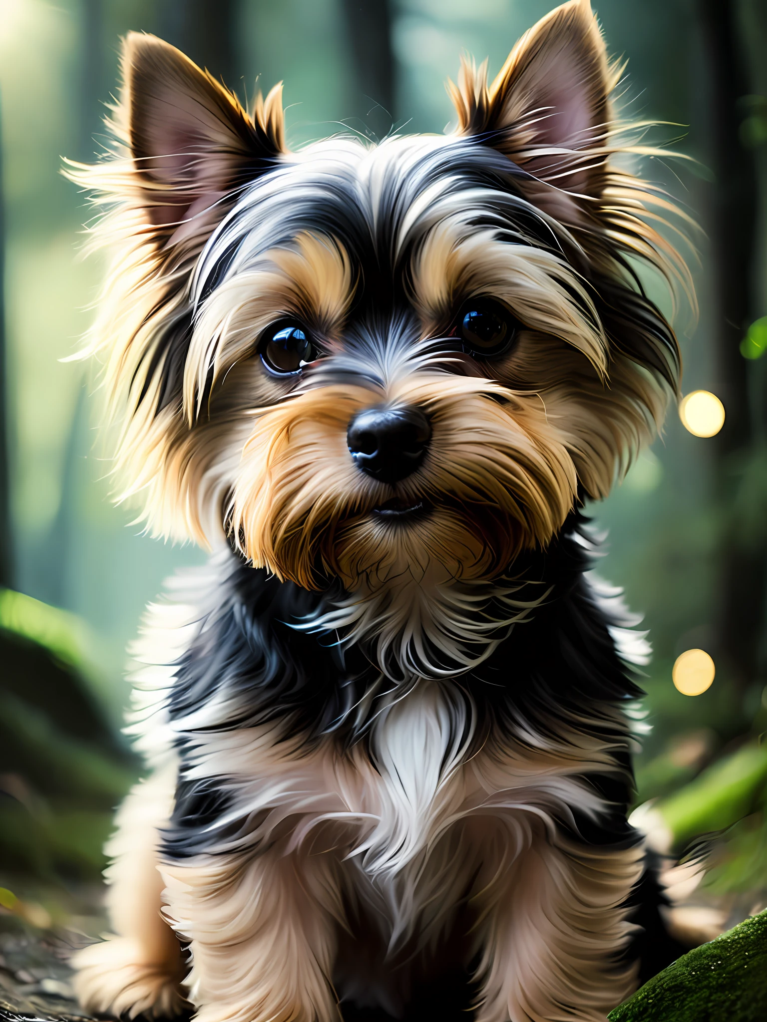 foto em close de um cachorrinho yorkshire terrier, com 10 anos de idade pulando muito fofo na floresta, soft volumetric lights (retroiluminação: 1.3), (kinematics: 1.2), detalhes intrincados (ArtStation: 1.3), Rutkowski