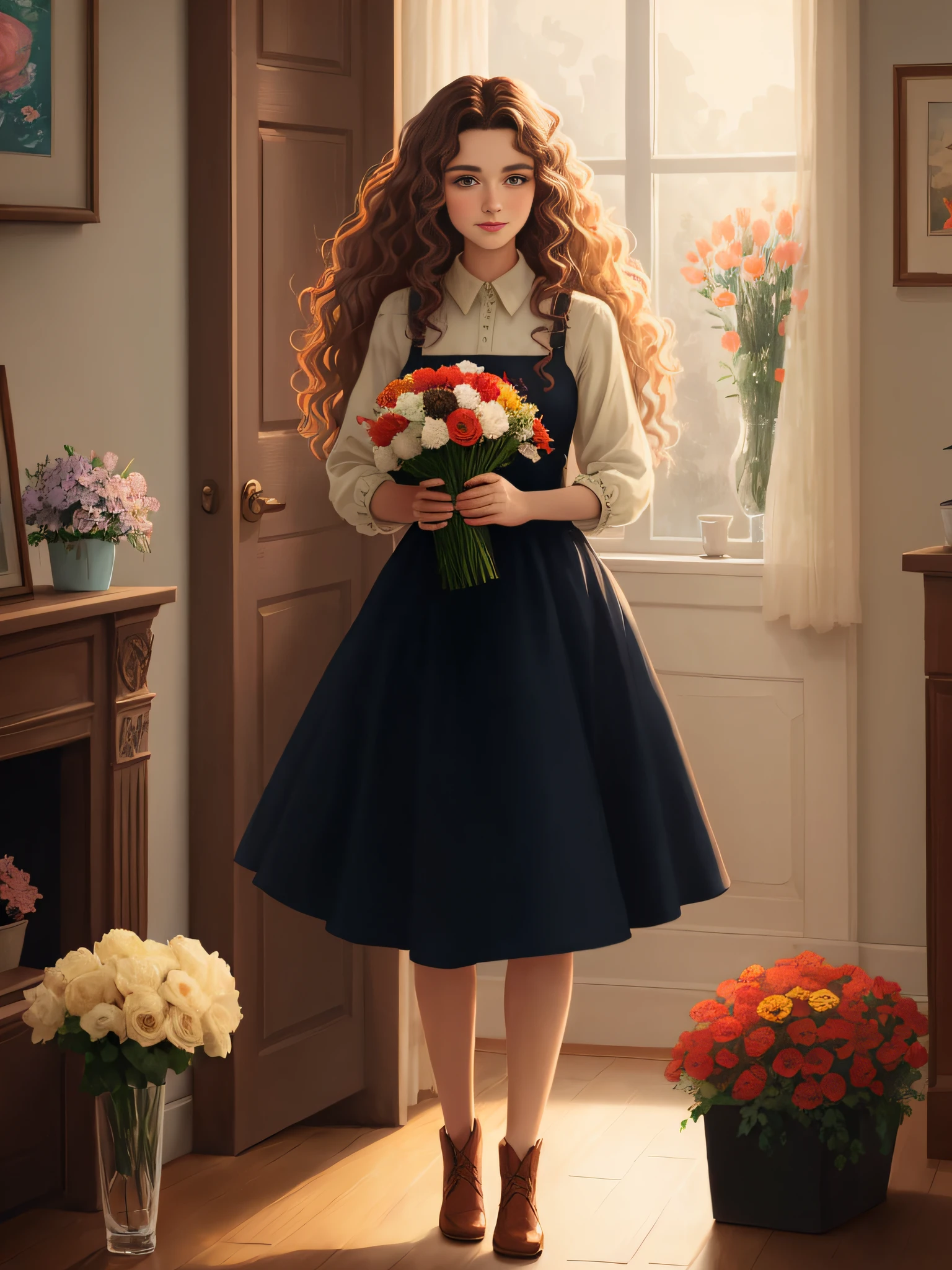 feminine art, flat illustration, lovely young woman holding bundle of flowers with big brown wavy hair, shining big ryes, background in a warm home, perspective, light and dark contrast, warm colors, bright background