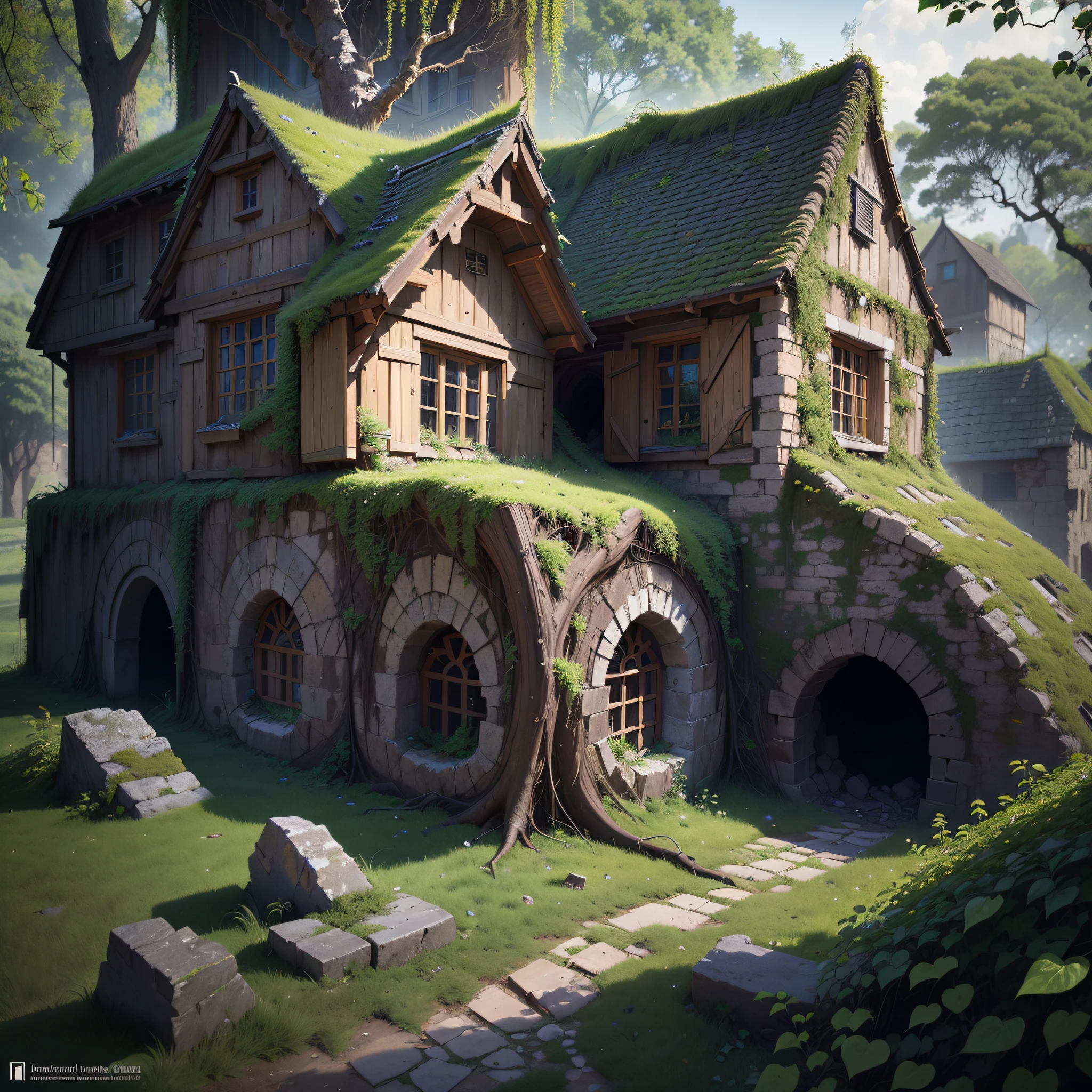 (number々Award-winning masterpieces of, with incredible detail, textures and maximum detail), (an ultra realistic:1.4), (Realistic:1.3), (best quality real texture skin), (Several medieval huts built illegally on the site of a forgotten medieval castle),(With the remains of a medieval fort covered in moss and ivy、There are some slightly crumbling huts), (medieval architecture that is returning to nature), (Eroded by clear water), (Tree roots, ivy plants and beautiful plants crawling on stone walls), (Partially collapsed buildings: 0.6)