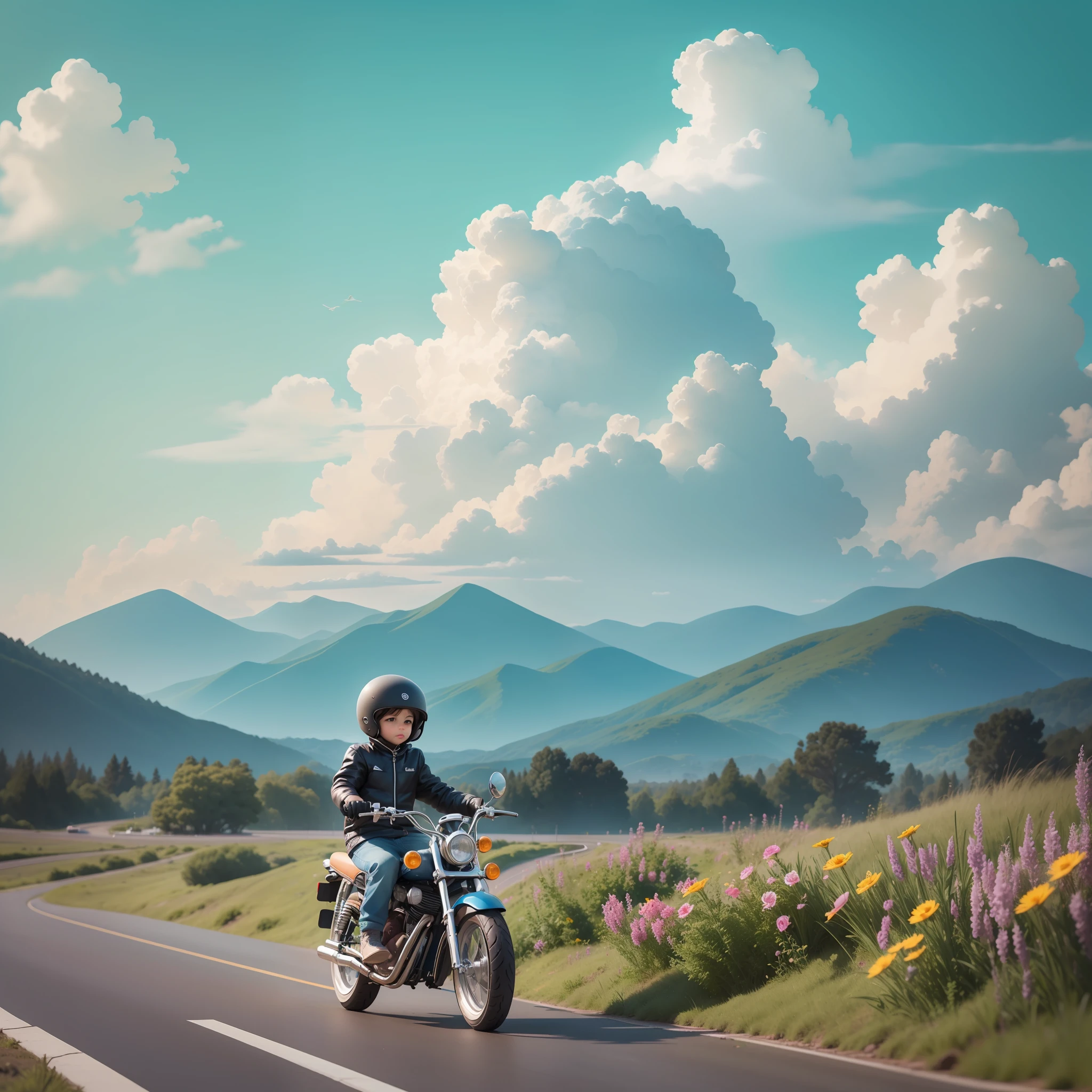 drizzle,Clouds,sunbeam,highway, on a motorcycle,Flowers and plants,Little bird,Far Mountains,brook,