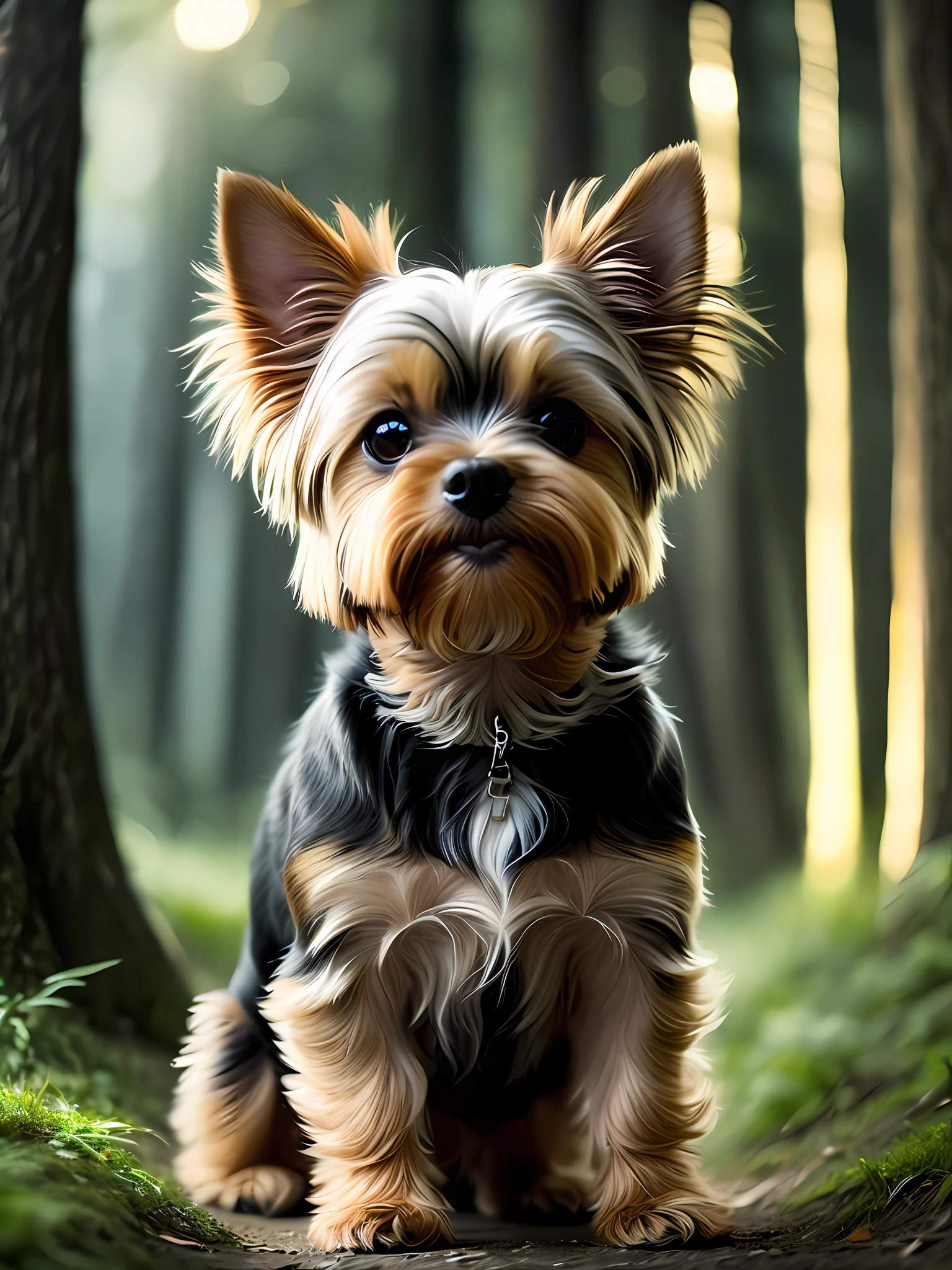 foto em close de um cachorrinho yorkshire terrier, com 10 anos de idade pulando muito fofo na floresta, soft volumetric lights (retroiluminação: 1.3), (kinematics: 1.2), detalhes intrincados (ArtStation: 1.3), Rutkowski