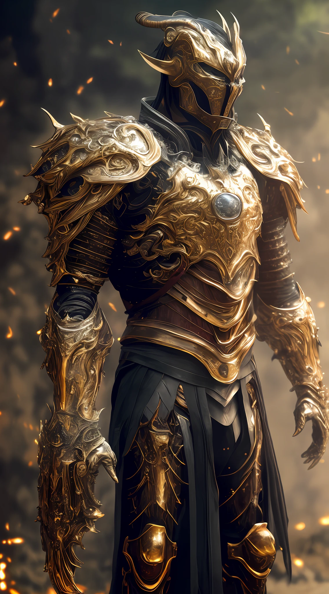 a close up of a man in armor with a golden sword, gold heavy armor. dramatic, stunning armor, golden armor, detailed fantasy armor, black and golden armor, beautiful armor, gold armor, fantasy armor, intricate golden armor, golden armour, fantasy warrior in full armor, sleek gold armor, very stylish fantasy armor, black and gold armor, light gold armor