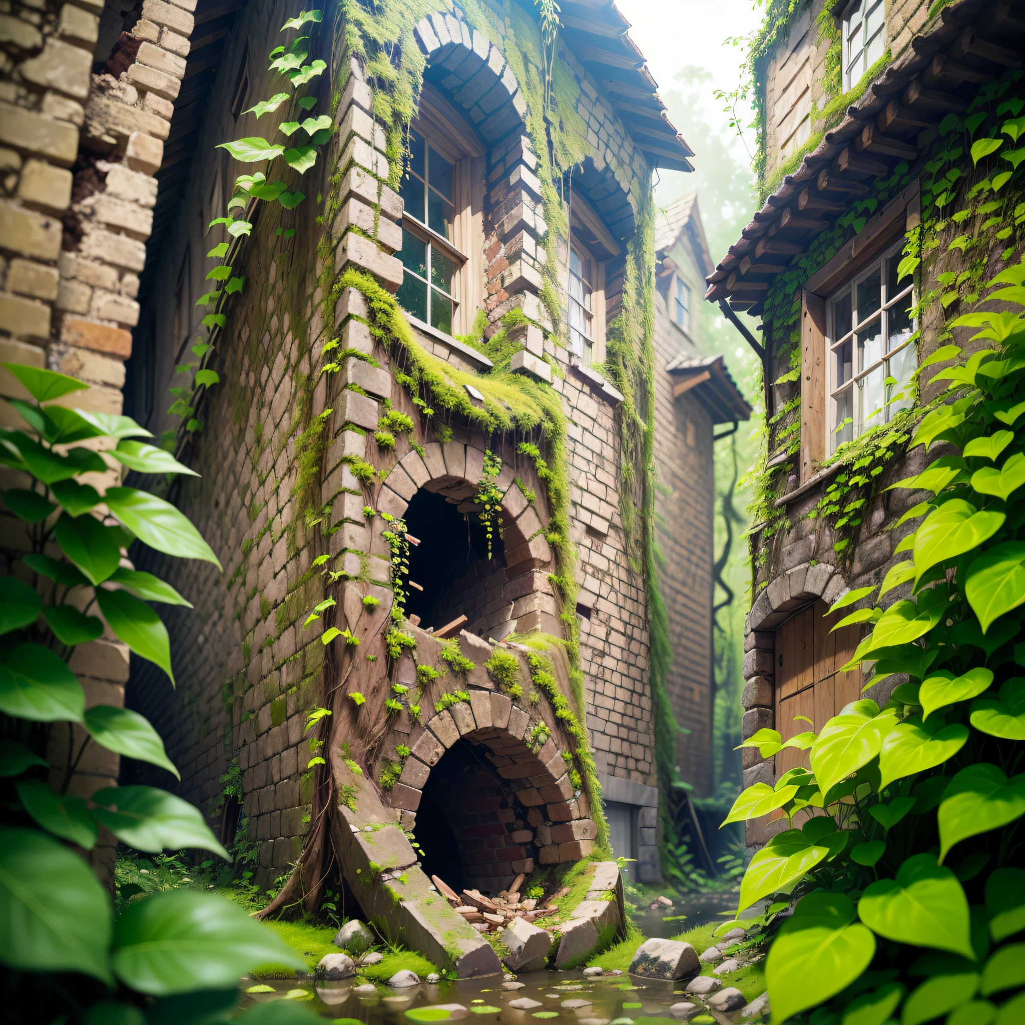 (Numerous award-winning masterpieces, with incredible detail, textures and maximum detail), (hyper realistic:1.4), (realistic:1.3), (best quality real texture skin), (several medieval huts built illegally on the ruins of a forgotten medieval fort),(ruins of a medieval fort covered with moss and ivy and a few slightly crumbling huts), (medieval architecture that is returning to nature), (Eroded by clear water), (Tree roots, ivy plants and beautiful plants crawling on stone walls), (Partially collapsed buildings: 0.6)