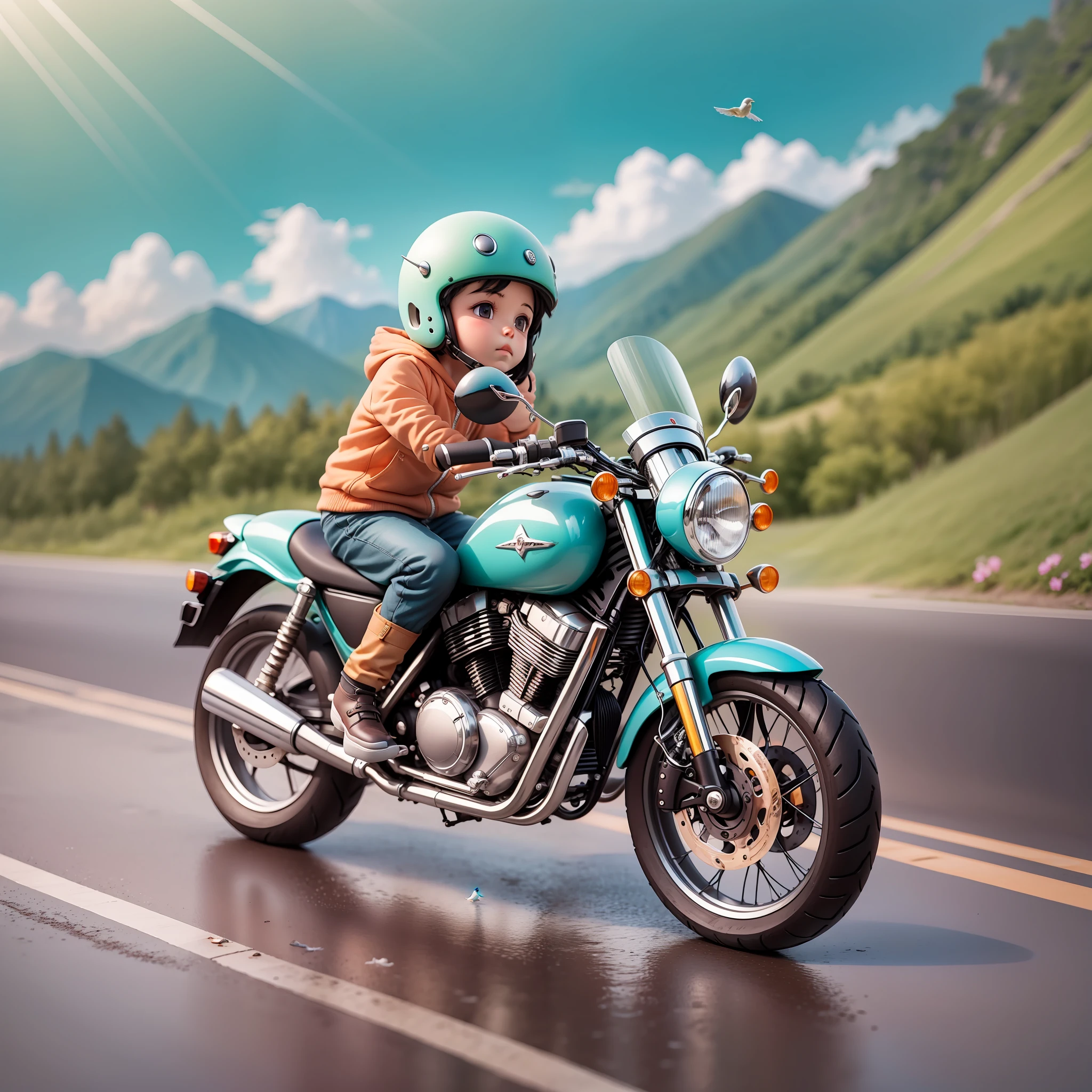 drizzle，Clouds，sunbeam，highway，Little boy on a motorcycle，Spiked hairstyle，Flowers，mountain，aqua，bird，chibi，full body