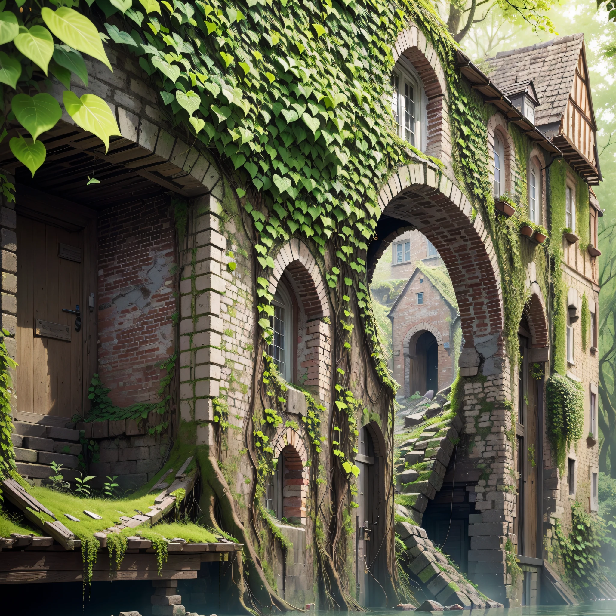 (Numerous award-winning masterpieces, with incredible detail, textures and maximum detail), (hyper realistic:1.4), (realistic:1.3), (best quality real texture skin), (several medieval huts built illegally on the ruins of a forgotten medieval fort),(ruins of a medieval fort covered with moss and ivy and a few slightly crumbling huts), (medieval architecture that is returning to nature), (Eroded by clear water), (Tree roots, ivy plants and beautiful plants crawling on stone walls), (Partially collapsed buildings: 0.6)