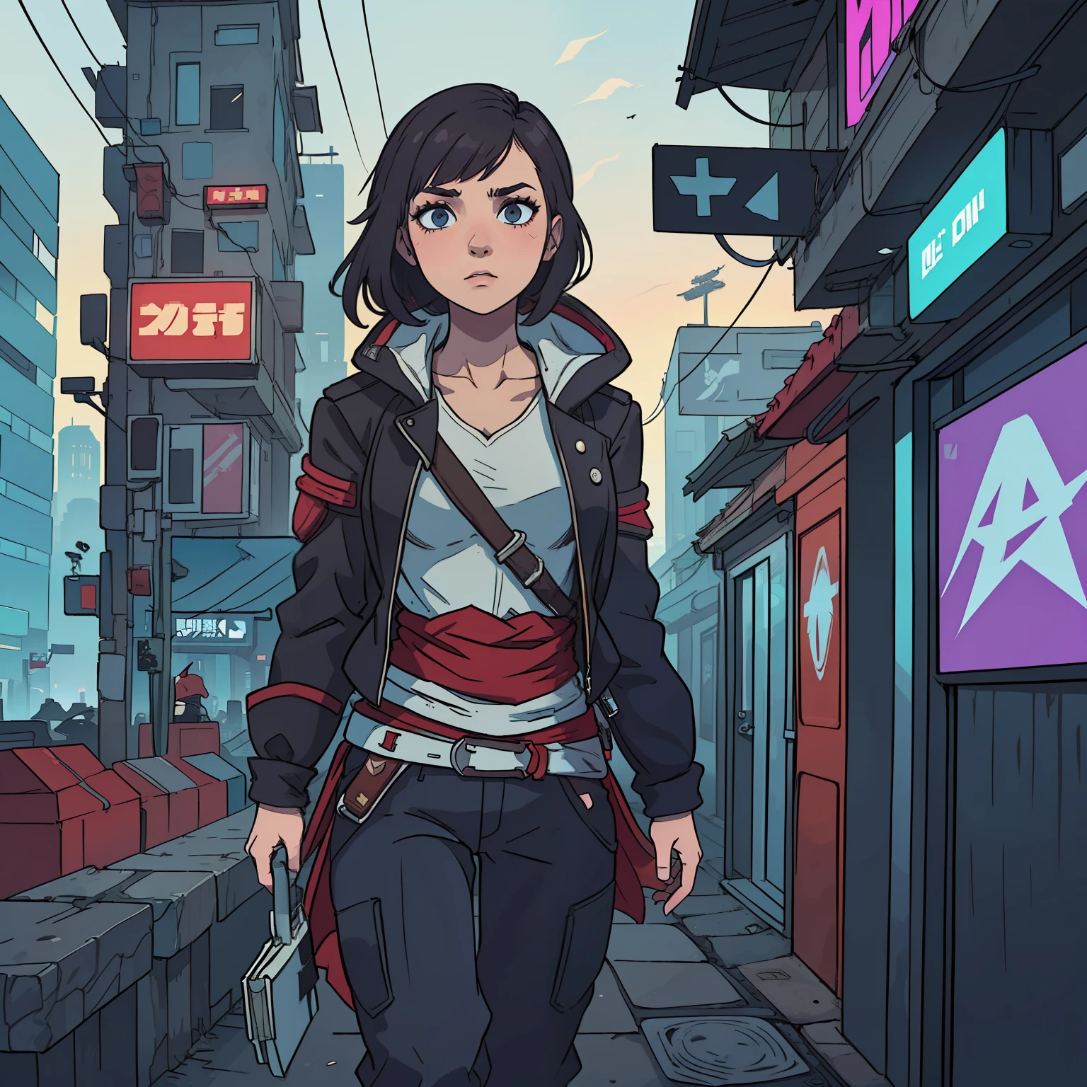 (obra-prima:1.3), (melhor qualidade), mulher misteriosa, roupa cyberpunk, assassin's creed, cidade cyberpunk, futuristica, pants,