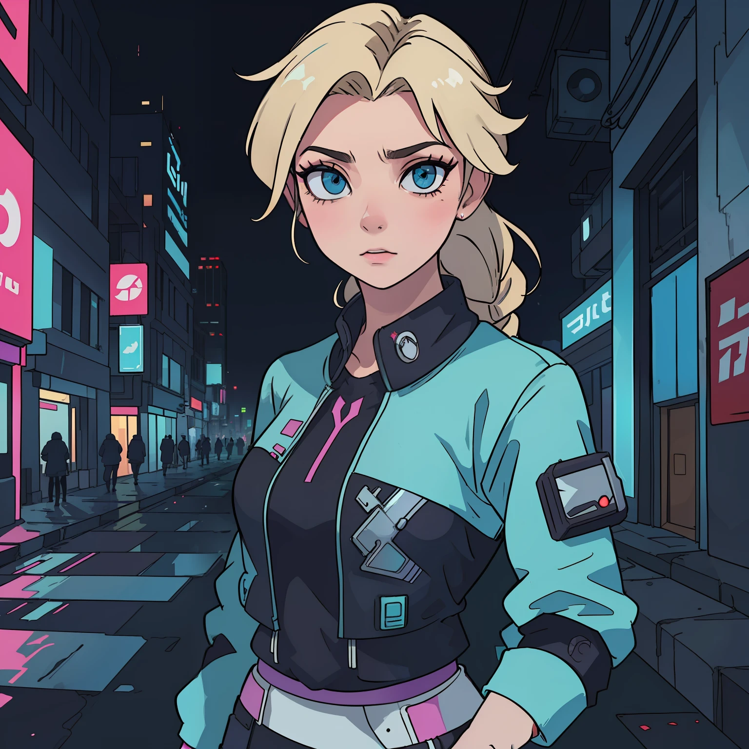 (obra-prima:1.3), (melhor qualidade), mulher, elsa, roupa cyberpunk, cidade cyberpunk