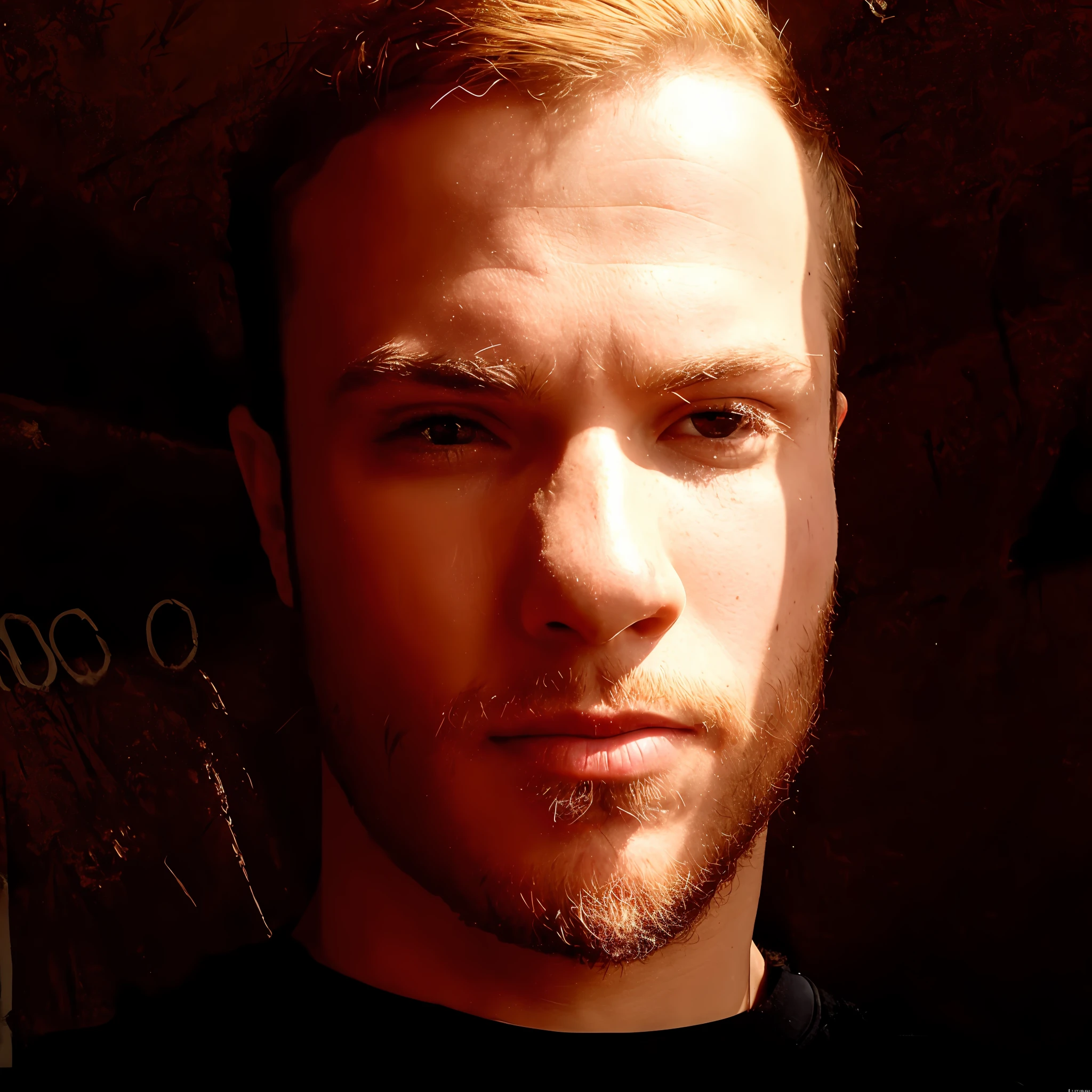 there is a man with a beard and a black shirt, em torno de 1 9 anos, halfbody headshot, (((oxidado))), foto de perfil 1024px, Foto de perfil, Retrato de Jerma985, foto headshot, ligeiro restolho, 1 / 4 headshot, restolho curto, com leve restolho, Streamer do Twitch / Jogador Ludwig,olhos verdes e barba ruiva completa