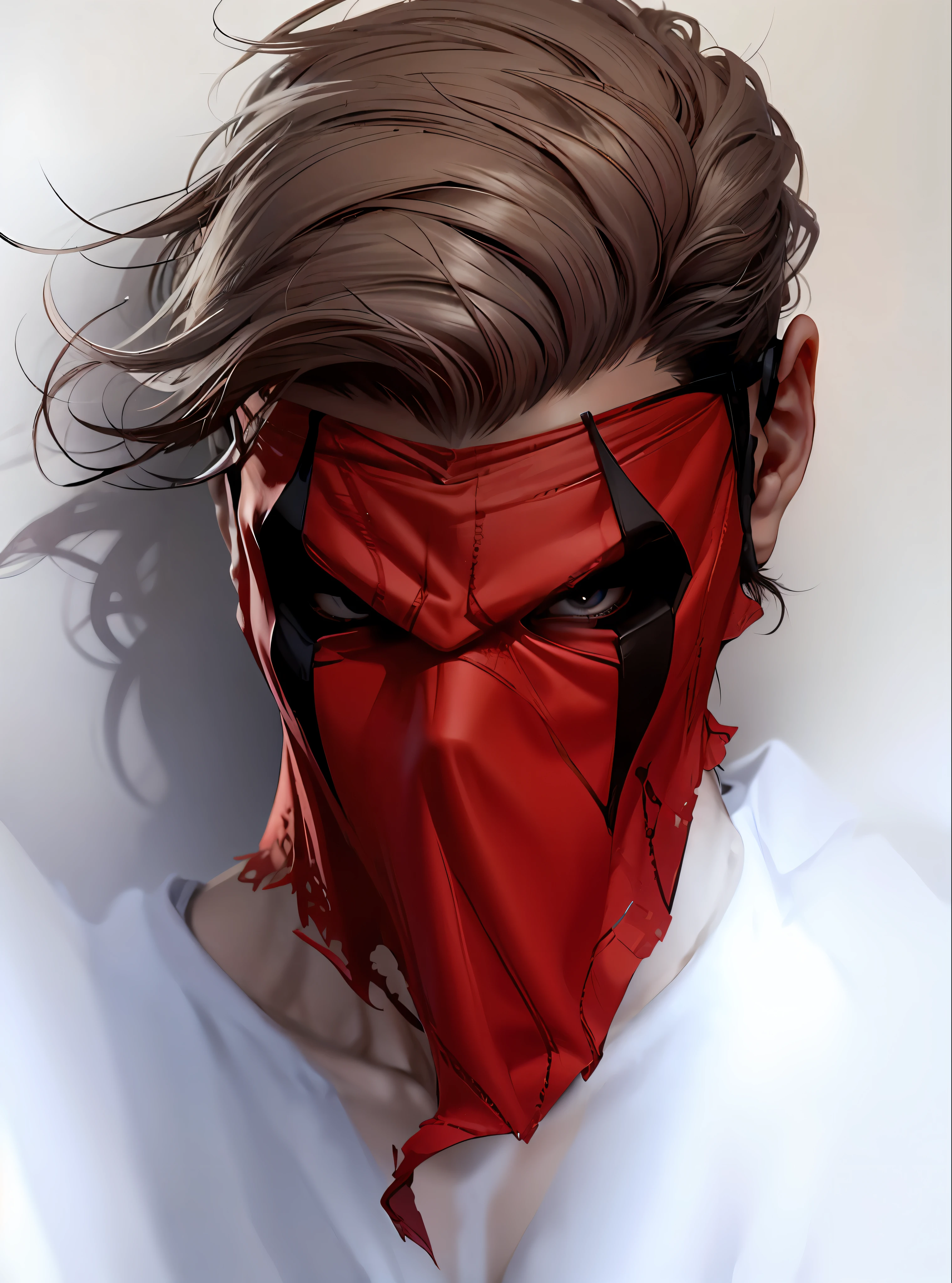 Grifter, retrato close up, a mask of red fabric, olhos brancos, cabelos castanhos, unreal engine 5, 8k.