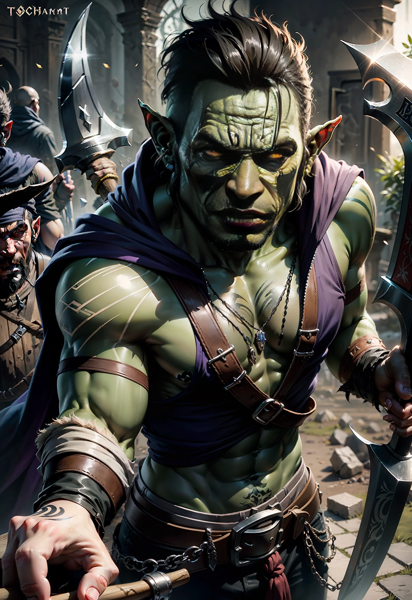 male Orc symbaroum with the axe on hand , dark violet tattoo, technique of painting is a Pastels.