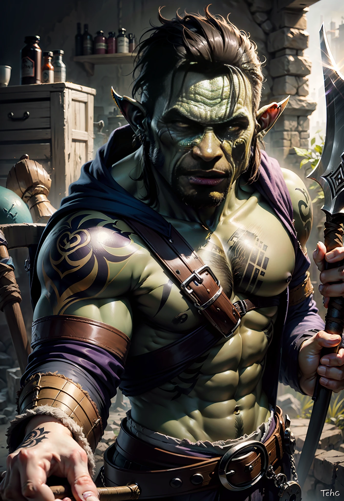 male Orc symbaroum with the axe on hand , dark violet tattoo, technique of painting is a Pastels.
