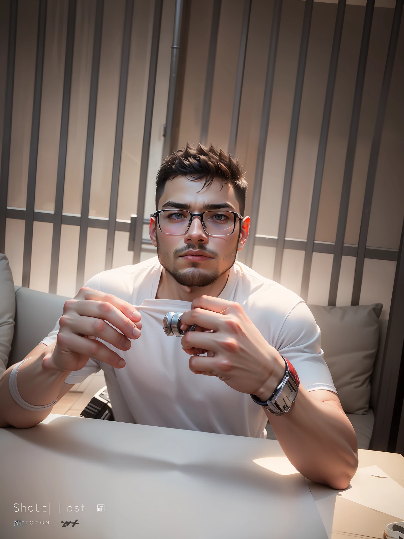 best quality, ultra high res, (photorealistic:1.4), masterpiece, blurry background ,gym, solo,1 boy,Young man ,standing,white skin, white t-shirt, posing, looking at viewer , face focus,