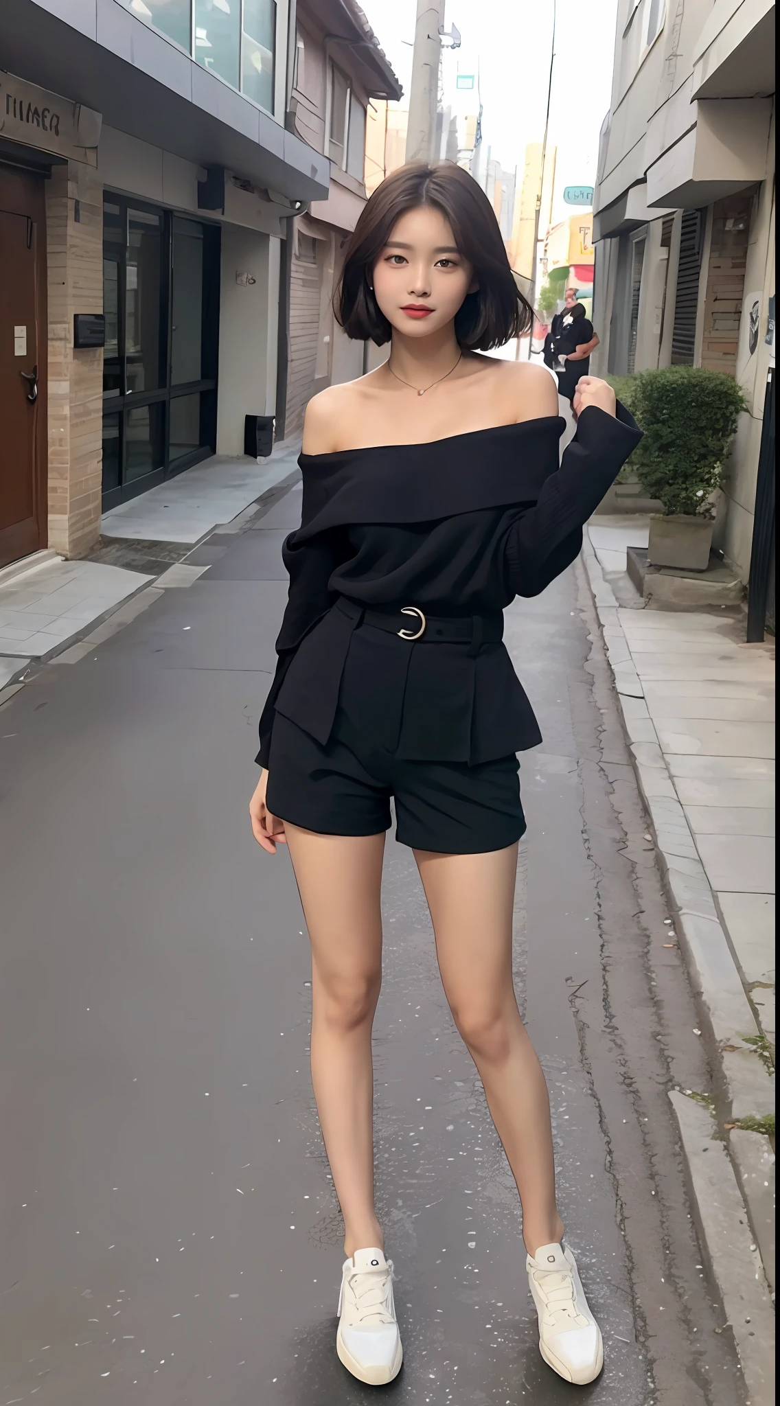 ((Best Quality, 8K, Masterpiece: 1.3)), Focus: 1.2, Perfect Body Beauty: 1.4, Buttocks: 1.2, (Layered Short Hair: 1.2)), (Dark Street: 1.3), Highly Detailed Face and Skin Texture, Full Body, Fine Eyes, Double Eyelids, Whitened Skin, Long Hair, (Round Face: 1.5), (Loose Off-the-Shoulder Suit, Shorts: 1.6) Pose a poss