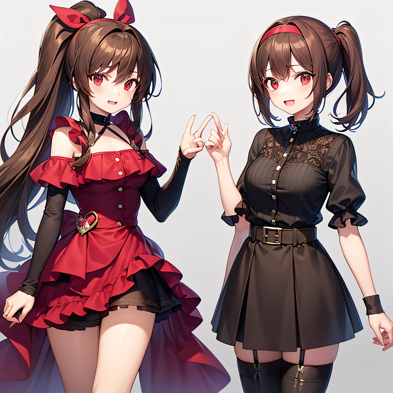 maximum quality、anextremelydelicateandbeautiful、（One person）、girly、girly、11years old、(Dark hair)、Gray clothes with vertical buttons、Belt at waist、Gray miniskirt、((ponytails))、(red hairband)、(Brown boots)、Red eyes、Standing、Sorrisos、