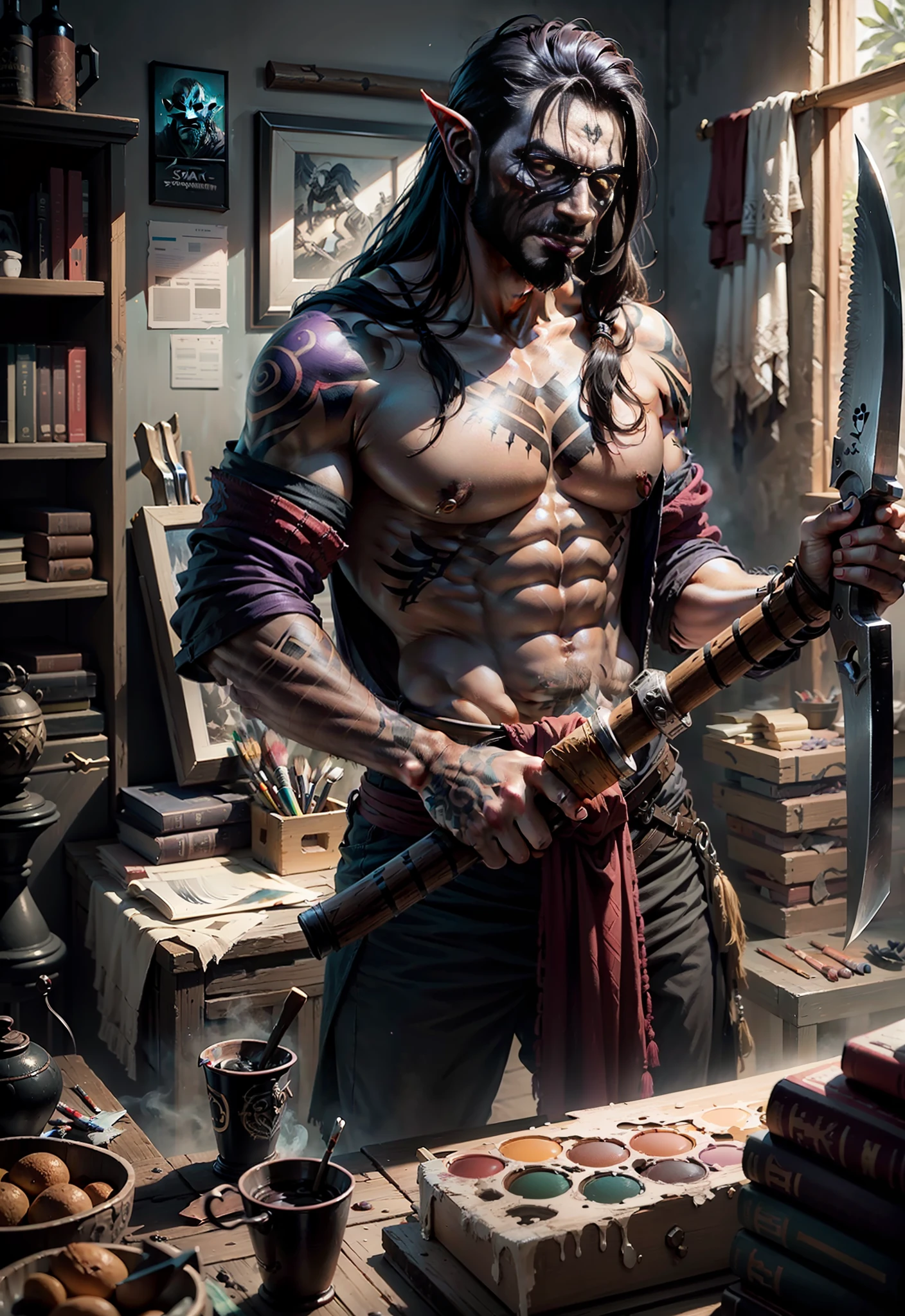 male Orc symbaroum with the axe on hand , dark violet tattoo, technique of painting is a Pastels.