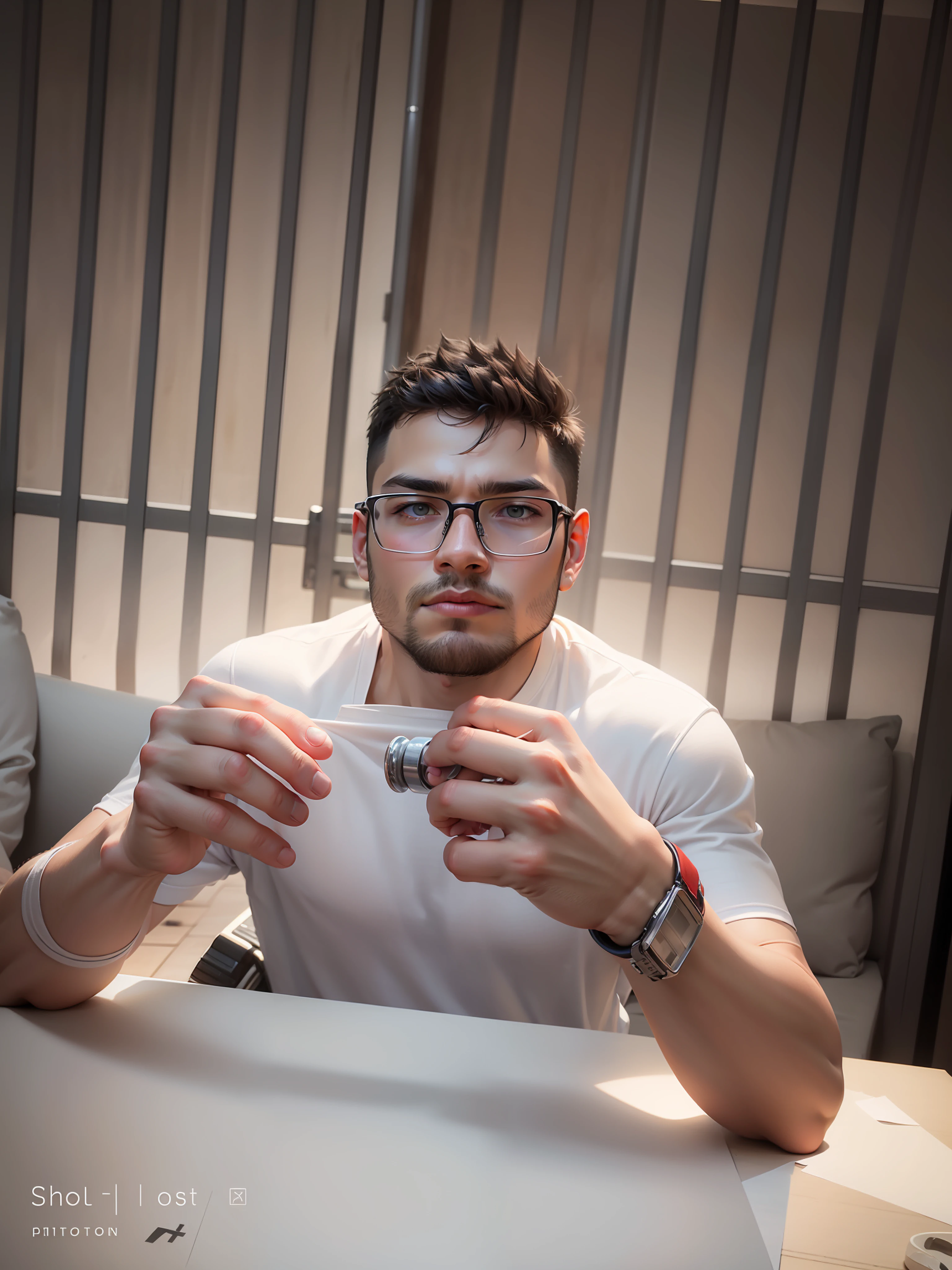 best quality, ultra high res, (photorealistic:1.4), masterpiece, blurry background ,gym, solo,1 boy,Young man ,standing,white skin, white t-shirt, posing, looking at viewer , face focus,