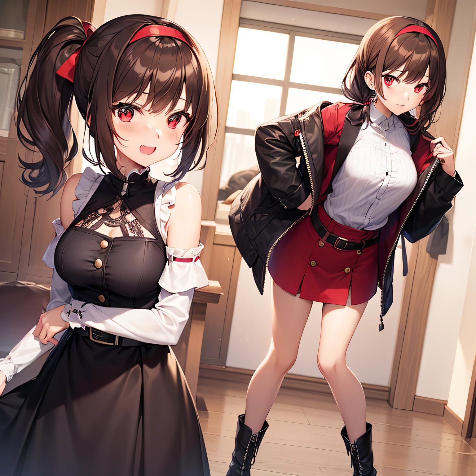 maximum quality、anextremelydelicateandbeautiful、(One person)、girly、girly、11years old、(Dark hair)、Gray clothes with vertical buttons、Belt at waist、Gray miniskirt、((ponytails))、(red hairband)、(Brown boots)、Red eyes、Standing、Sorrisos、