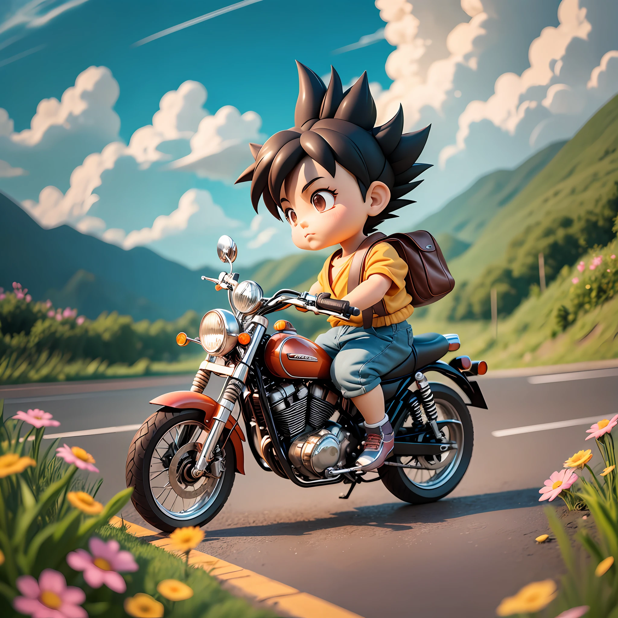 raindrops,Clouds,sunbeam,highway, boy on a motorcycle,son goku,Spiked hairstyle,Flowers,Mountain,rivers,bird,full body,chibi,