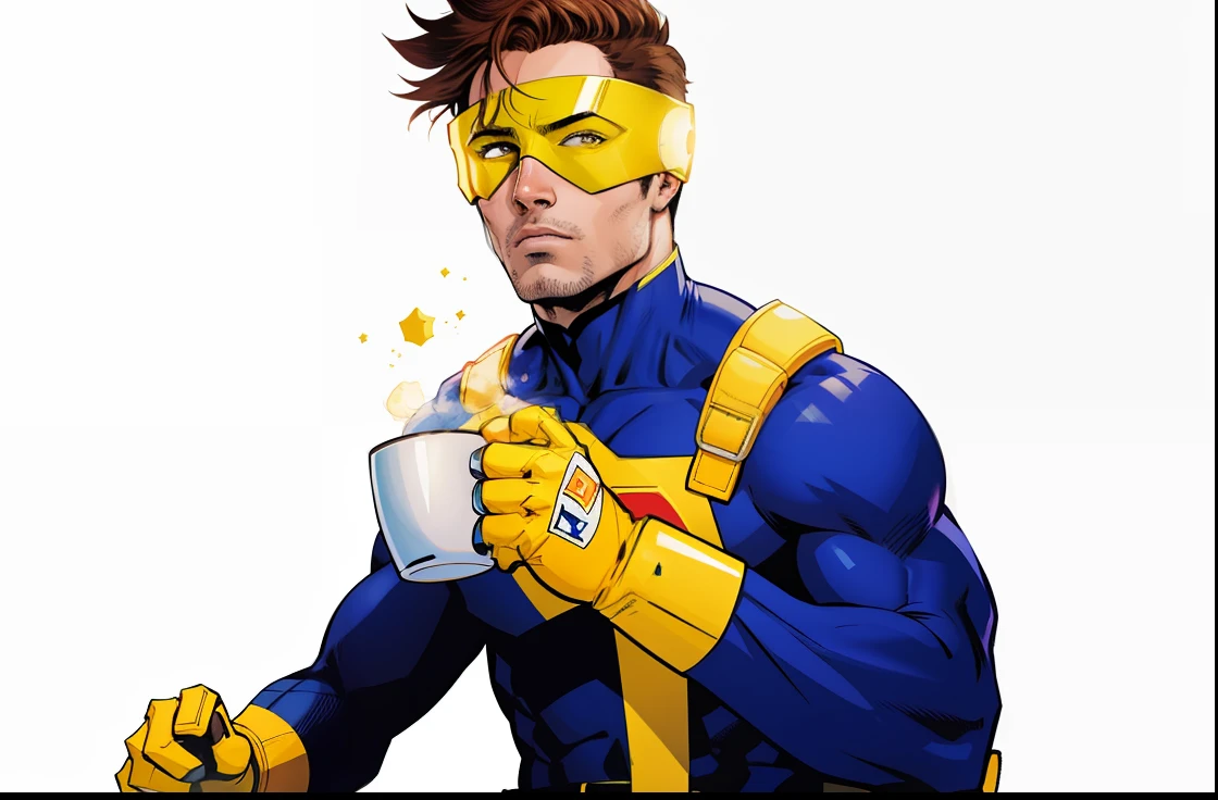 retrato (comic illustration:1.2) X-MAN cyclops sitting half on his side holding a coffee mug in classic blue clothing with yellow shoulder belt with yellow visor with red glass over his eyes and brown hair, beautiful lighting, (simples |, Crisp Focus), pintura simples e chapada, Closeup, Arte Digital, estilo quadinhos herois, quadrinhos da marvel