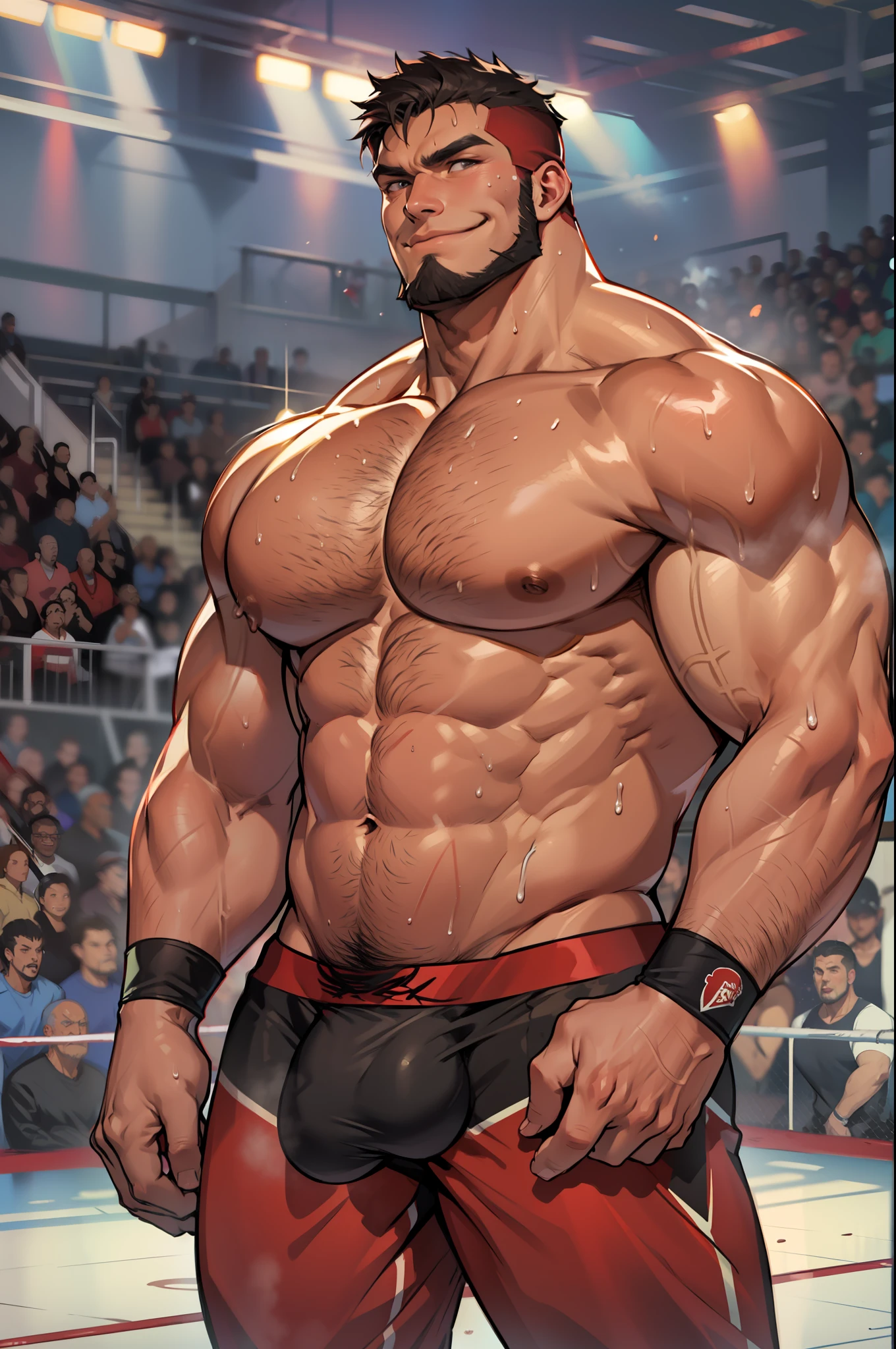 4k, masterpiece, high resolution:1.2, 1 man, 50 year old, solo, bara, muscular!!, really tall, big wrestler's physique (beast), ((bulk)), shirtless, hairy body, bald head, pubic hair, beard, mature face, cute smile, friendly, standing in a wrestling arena , wearing red wrestling pant, sweaty body, ultra detailed, flat style