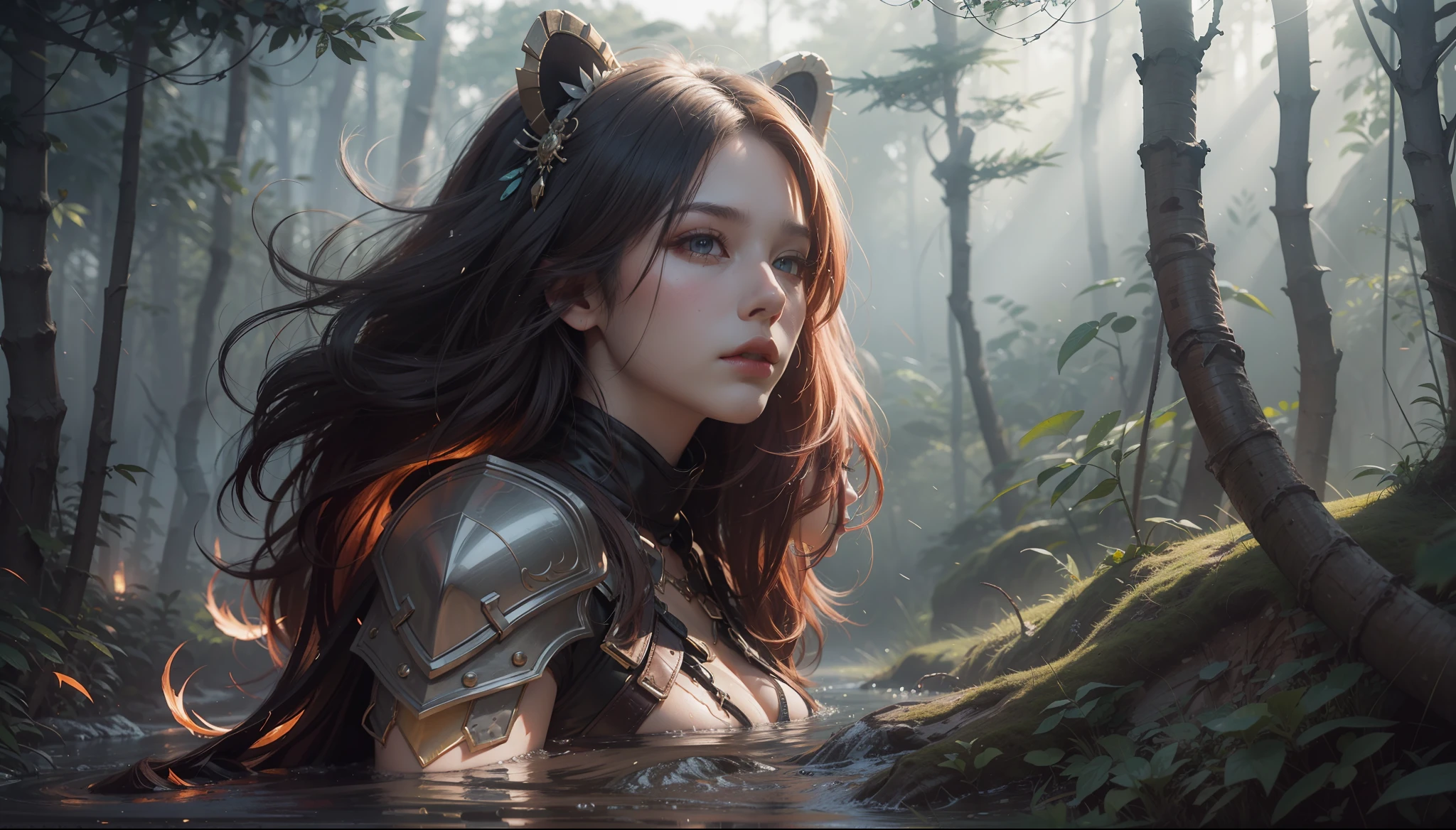 (Digital artwork:1.3)(a sketch:1.1)Octane renders a mysterious dense forest,(((A maiden in leather armor stands in front of a huge roaring white bear))),red hairs,slong hair,,Shoot at 8K resolution,Gasoline liquid,muted colors,A Splash Art,Blue and purple magic universe,Lithography in intricate details,(Light particles:1.2),(game concept:1.3),(depthoffield:1.3),Global illumination,well detailed,Trends on ArtStation