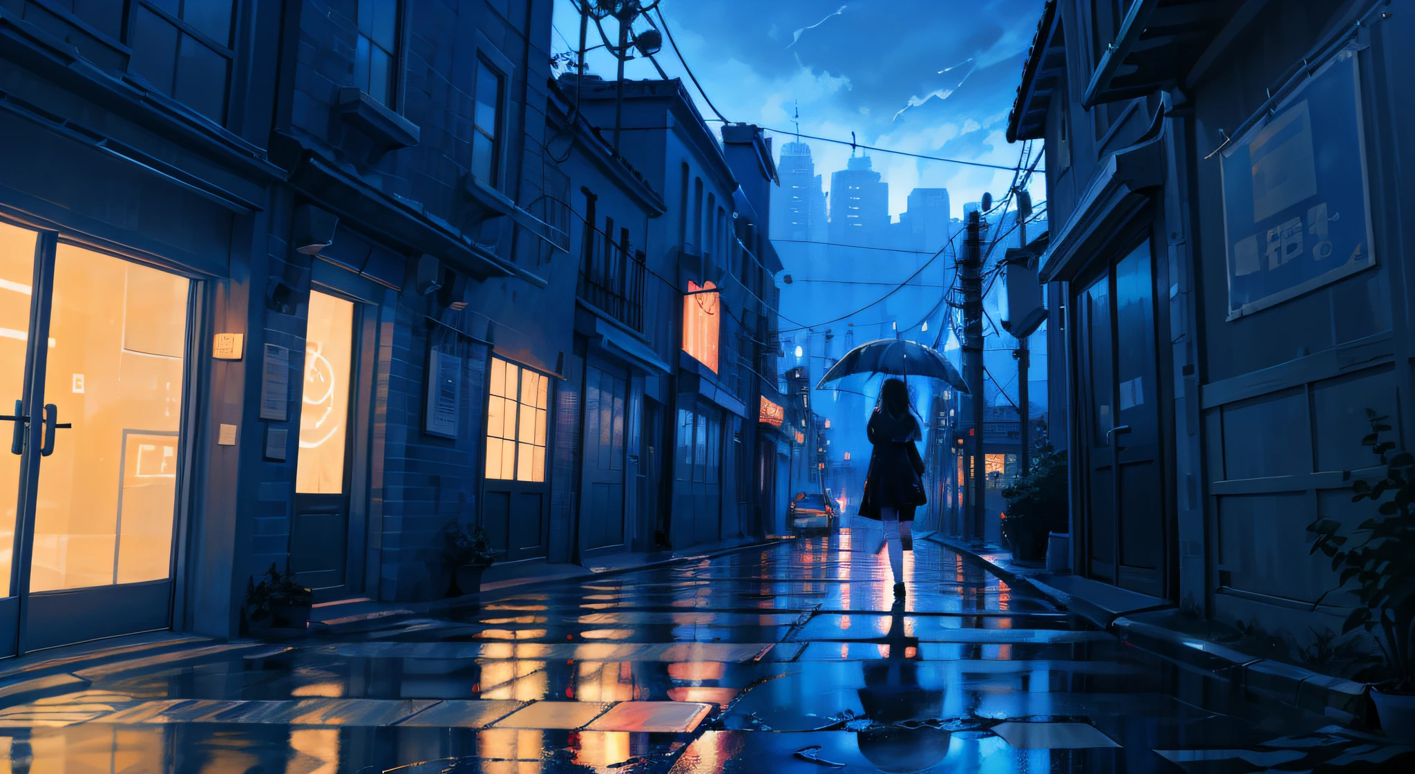 There's a woman walking down a wet street at night with an umbrella, chuva, clima chuvoso, cidade detalhada, estilo Alena Aenami, sombria. por makoto shinkai, inspirado por Alena Aenami, makoto shinkai cyril rolando, por Alena Aenami, inspirado por Liam Wong, atey ghailan 8 k, estilo anime 4 k, arte de alena aenami