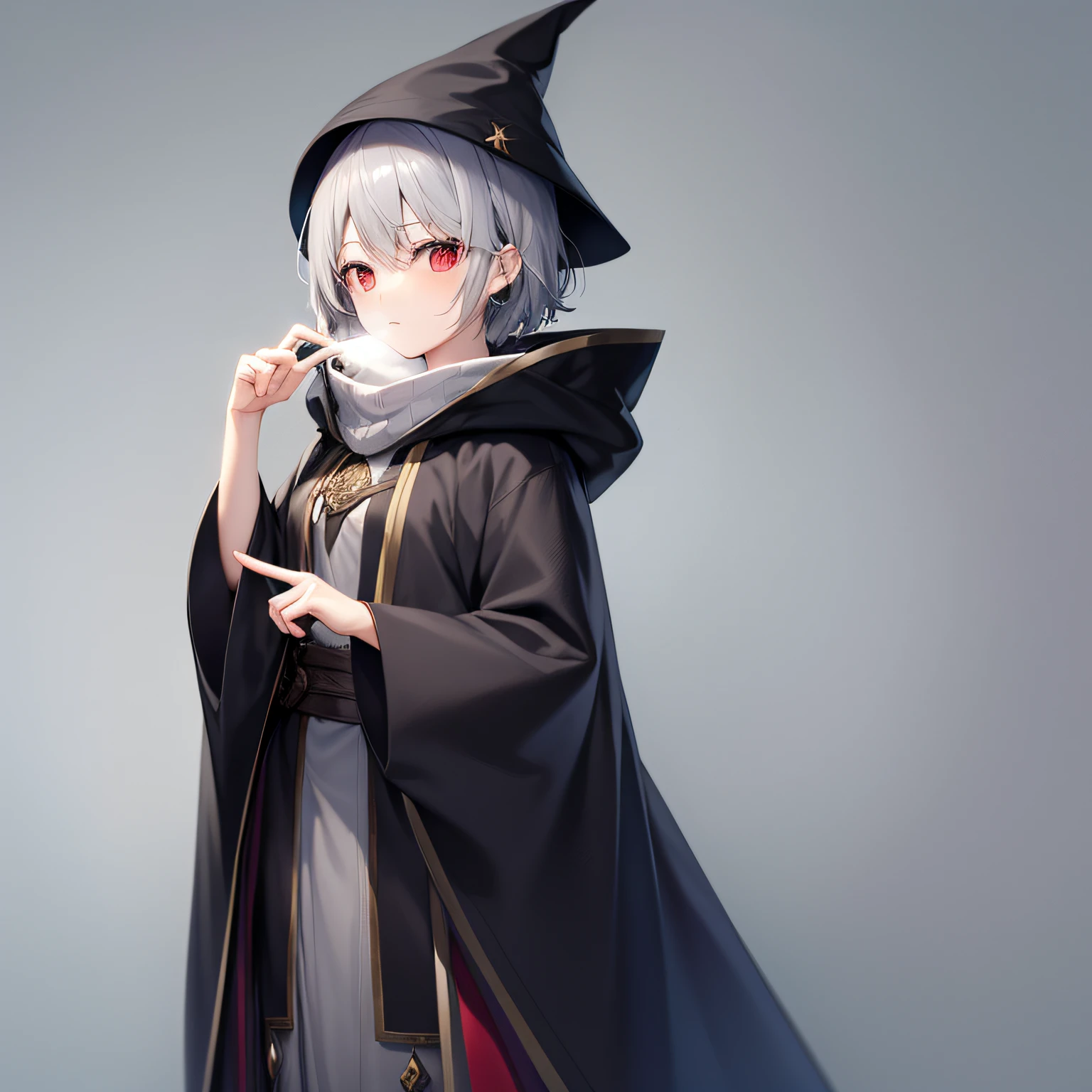 maximum quality、anextremelydelicateandbeautiful、(Teenage girl)、Red-eye、Small breasts、short hair、Gray hair、short hair、(Gray Wizard Hat)、（Pointy hat）、One person、long sleeve、((Gray wizard robe))、Standing