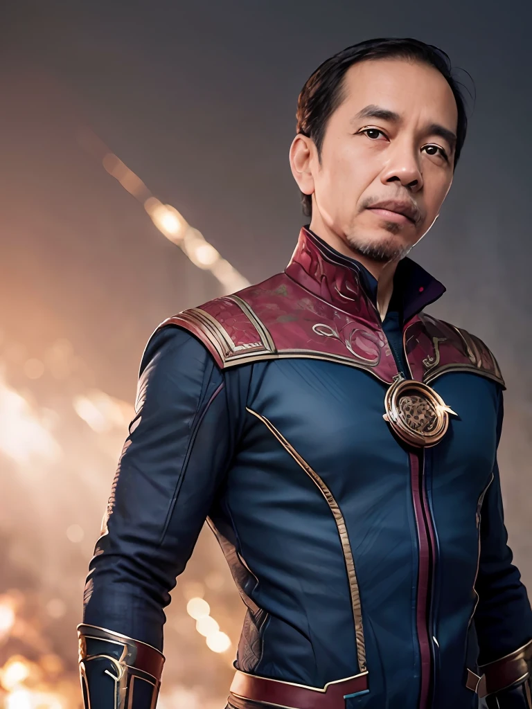 jokowi wear doctor strange outfit, 4k, Best quality, masterpiece, ultra high res, beautiful lighting, (realistic, photo-realistic:1.4), realistic background,1man, 50 years old, standing potrait photo, Long shot, wide shot, full shot, explosion background, use Bolts of Balthakk spell on right hand