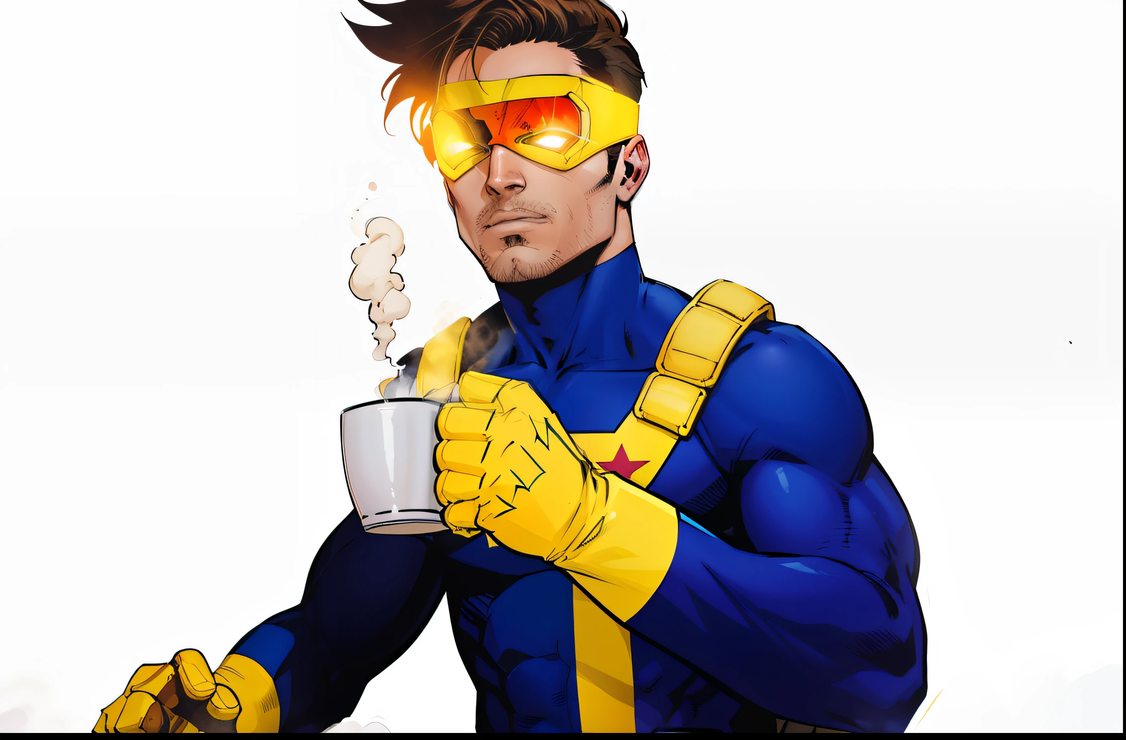 retrato (comic illustration:1.2) X-MAN cyclops sitting half on his side holding a light yellow mug with coffee coming out smoke/steam with classic blue clothing with yellow lap belt, usando luvas e munhequeiras amarelas com visor amarelo com vidro vermelho sobre os olhos e cabelo castanho, beautiful lighting, (simples, comic |, Crisp Focus), pintura simples e chapada, Closeup, Arte Digital, estilo quadinhos herois, quadrinhos da marvel