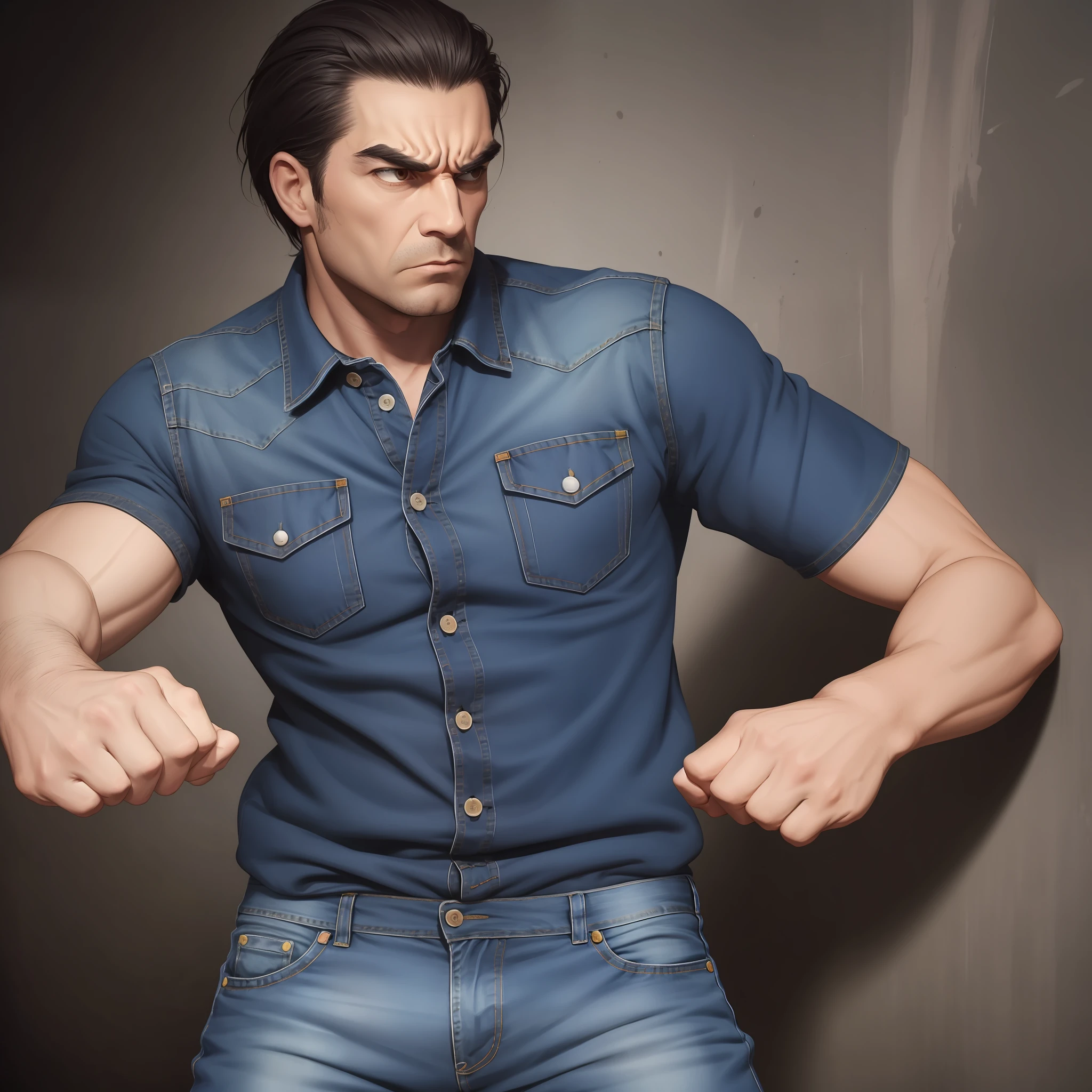 Angry man，Wearing a blue denim top，disheveled hair，Thick eyebrows，Left-handed blocking，The right hand waved a fist，Strong body --auto
