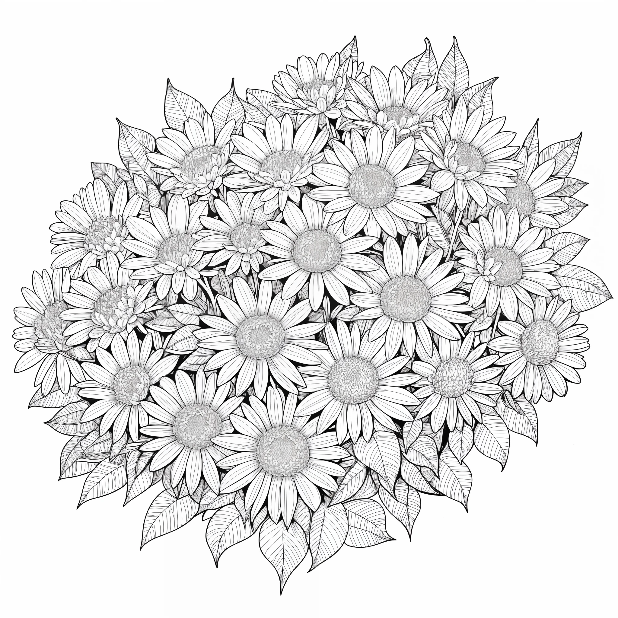 "Coloring book drawing, calidad de libro para colorear, en blanco y negro, detallado, diferentes flores, garabato" solo dibujo centrado, Art Online, sin sombras, sin sombreados --auto