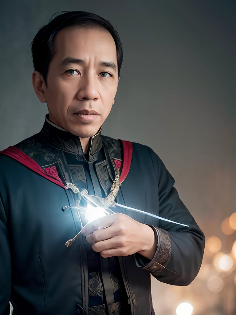 jokowi wear doctor strange outfit, 4k, Best quality, masterpiece, ultra high res, beautiful lighting, (realistic, photo-realistic:1.4), realistic background,1man, 50 years old, standing potrait photo, Long shot, wide shot, full shot, explosion background, use Bolts of Balthakk spell on right hand