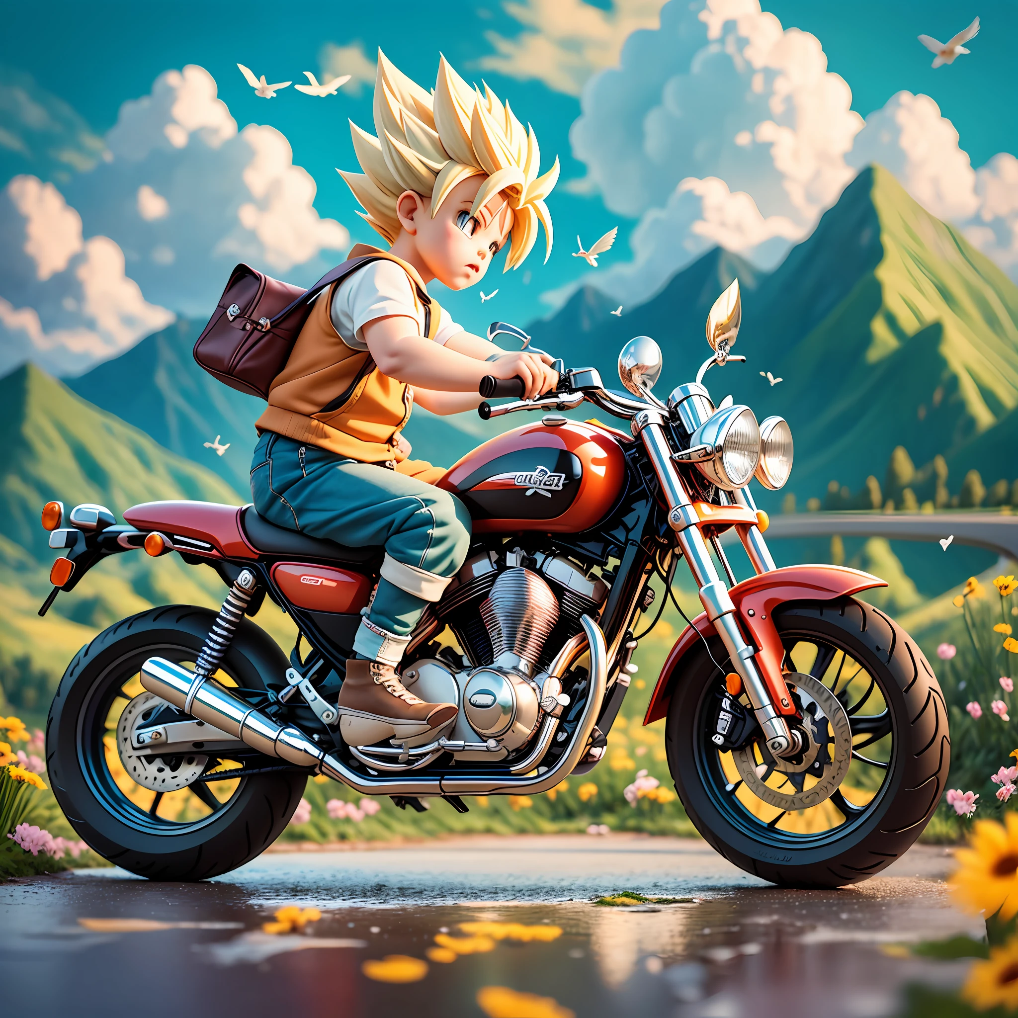 raindrops,Clouds,sunbeam,highway,Little boy on a motorcycle,son goku,super saiyan,Spiked hairstyle,Flowers,Mountain,rivers,bird,Full body,Chibi T-Shi,