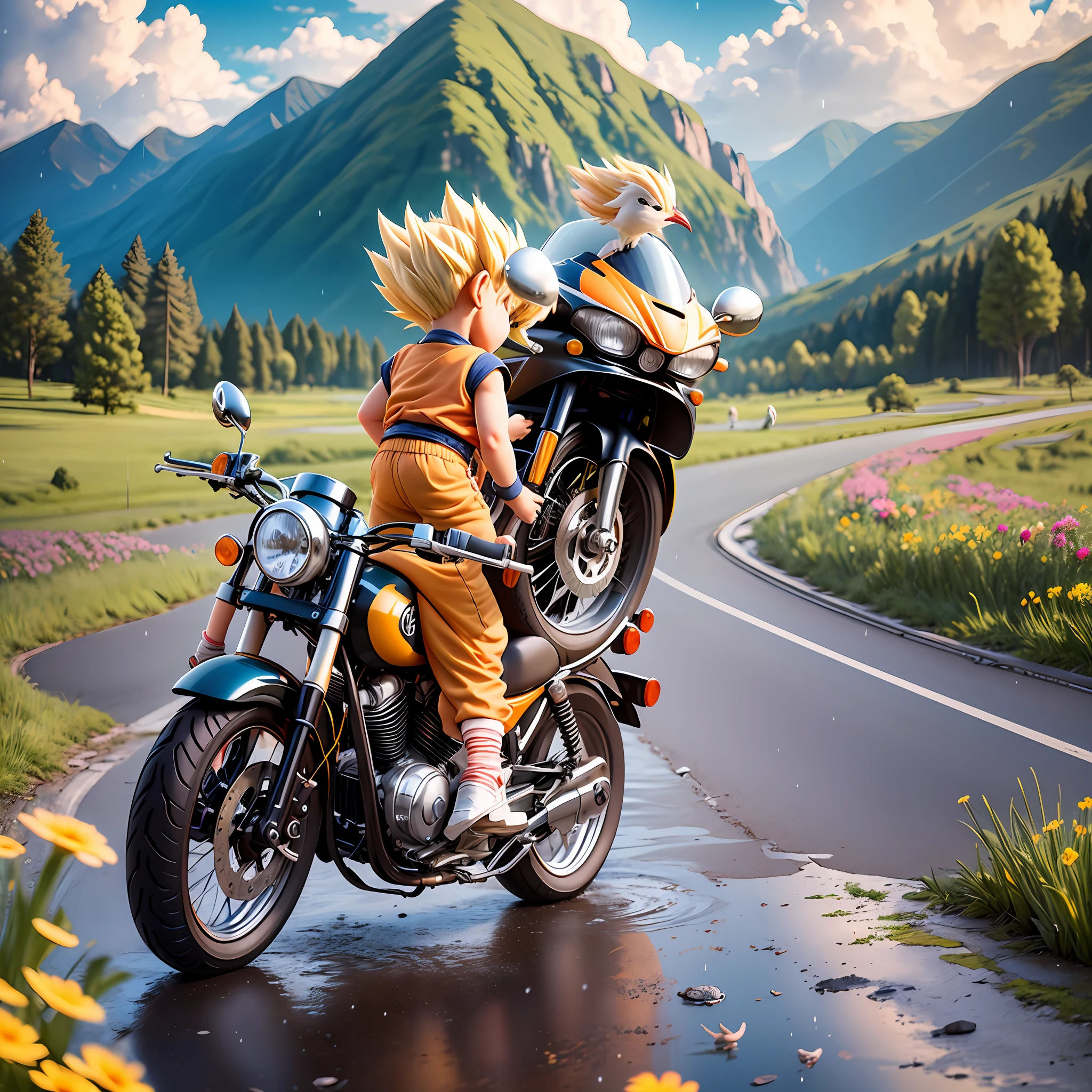 raindrops，Clouds，sunbeam，highway， boy on a motorcycle，son goku，super saiyan，Spiked hairstyle，Flowers，Mountain，rivers，bird，Full body，Chibi T-Shi，