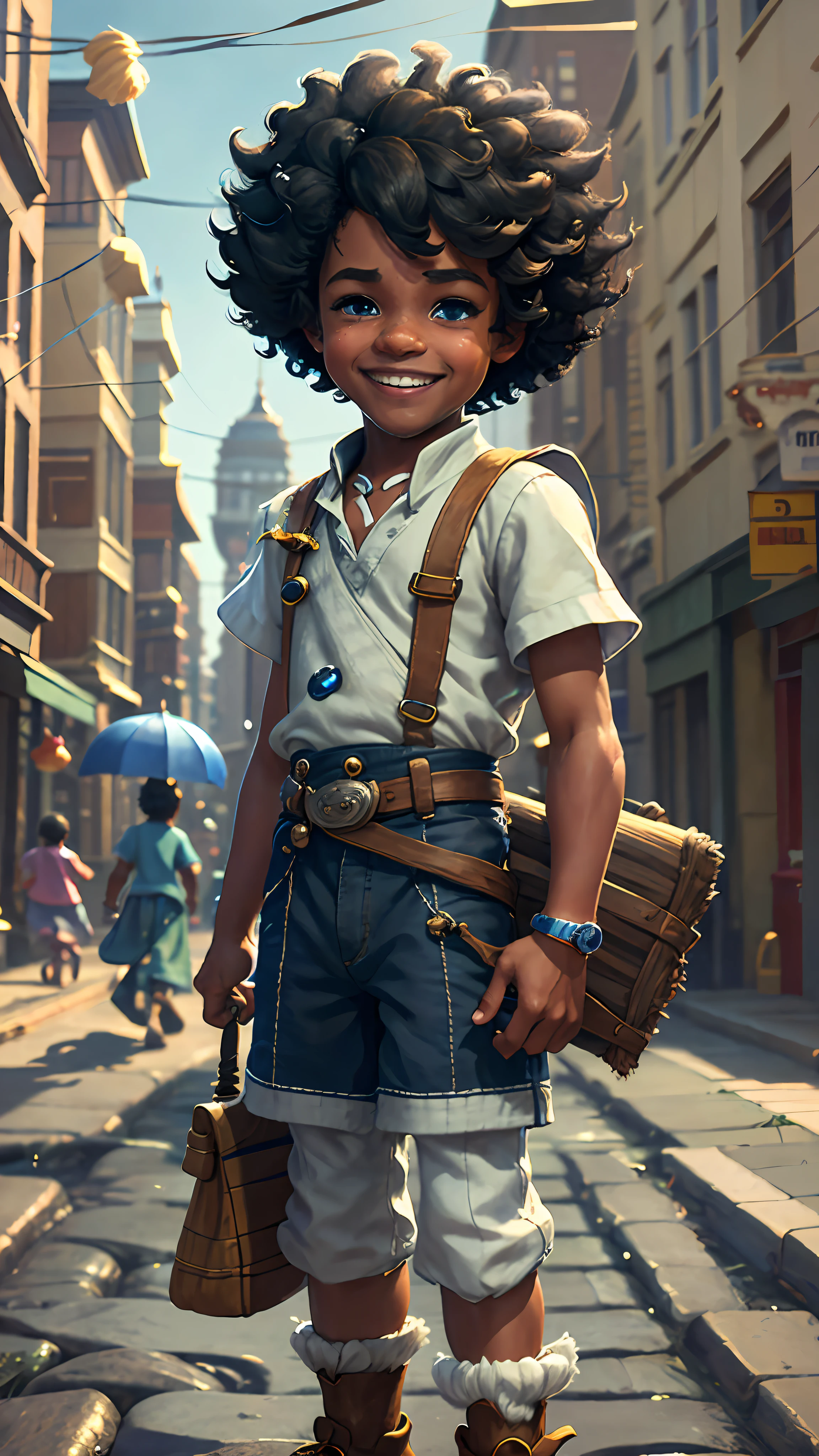 3D cartoon character holding a small umbrella, on a city street, black boy, (detailed facial affections)(((baby))), movie art, clean shot, ghailan!, like a pixar character, handsome young man, afro, grace and blessing, (((cute smile))), rendered in unreal, movie promo image, rendered image --auto --s2