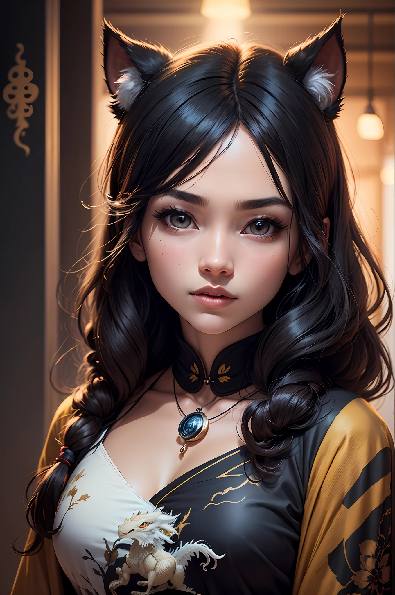 Uma obra-prima, da melhor qualidade, realista, realista, This painting depicts a woman next to a dragon. Toda a pintura usa um retrato bonito e realista (retrato realista kawaii estilizado) com olhos azuis escuros. Long flowing and fluffy hair (fofos:2). Toda a pintura mostra excelentes detalhes fotorreais, Tracing of light and shadow, detalhes ricos, Close-up of a woman in kimono with a dragon, portrait of dragon girl, dragon-inspired cloth cloak, asian girl, flowing black long hair, dragon girl, dragon in the background, black dragon, ornamentos pendurados, Gorgeous Chinese costume tiny hyperrealistic black panther with eyes of different bright colors taking care of a necklace, Chibi, adorable and cute, design de logotipo, desenho animado, cinematic lighting effect, charmoso, arte vetorial 3D, fofo e peculiar, arte de fantasia, bokeh, hand-drawn, pintura digital, Soft illumination, isometric style, 4K resolution, photorealistic rendering, limpeza altamente detalhada, imagem vetorial, obra-prima fotorrealista, fotografia profissional, simple space backdrop, isometric, vetor vibrante --auto