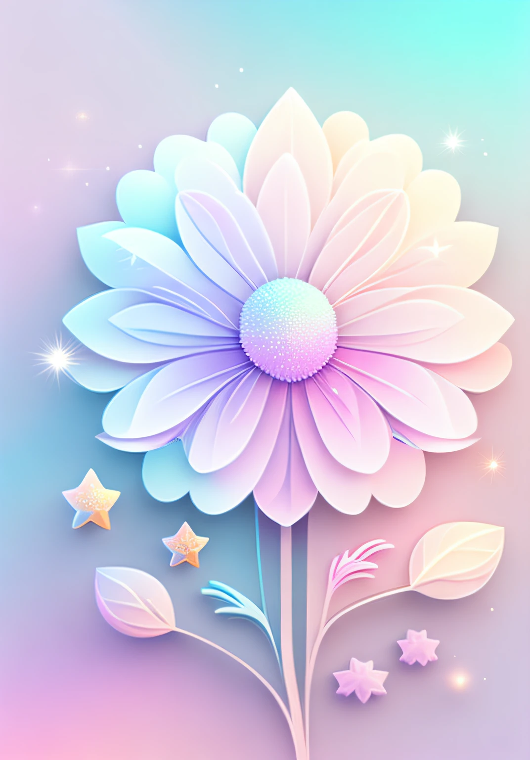 "A flower, cartoon illustration, sky in a gradient of pastel colors with twinkling stars. Immerse yourself in a mystical world full of magical elements (weighted at 0.9)."