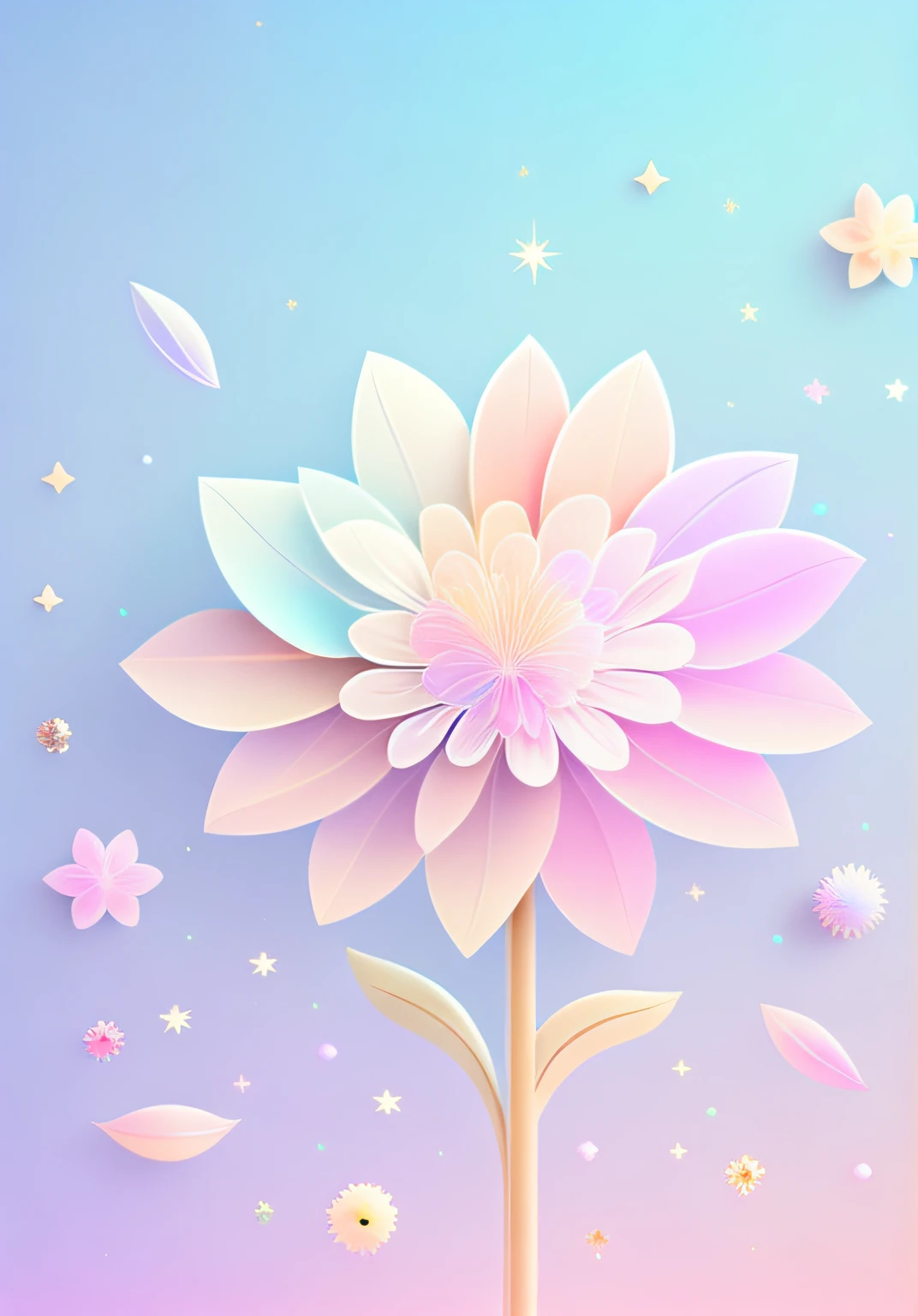 "A flower, cartoon illustration, sky in a gradient of pastel colors with twinkling stars. Immerse yourself in a mystical world full of magical elements (weighted at 0.9)."