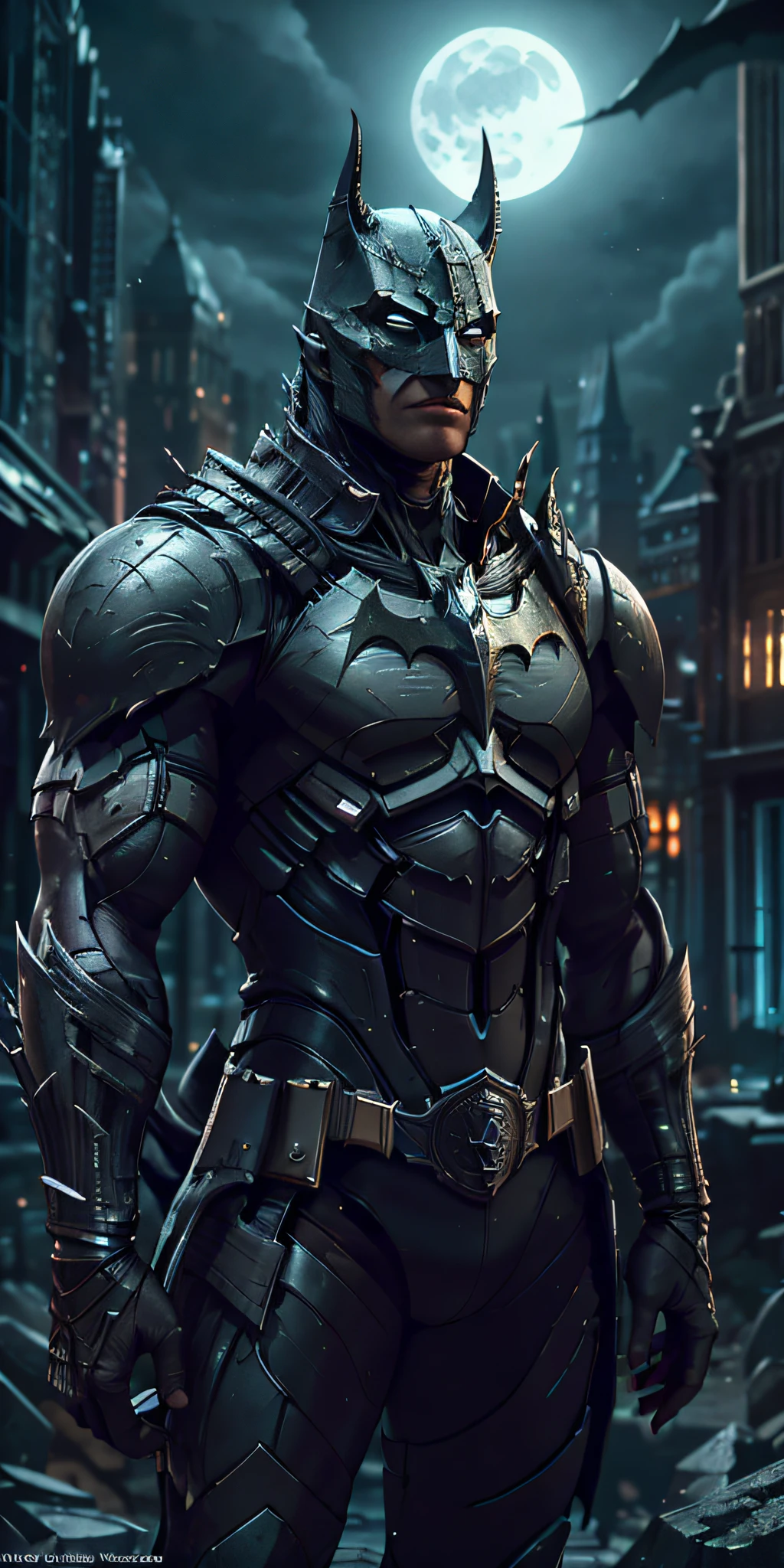 Batman from the dark knight stands imposing in a gothic lost city. Moonlight highlights your muscles and scars. The scenery is lush and mysterious, with futuristic tech and surroundings. The camera details everything, a warrior woman, in front of him.