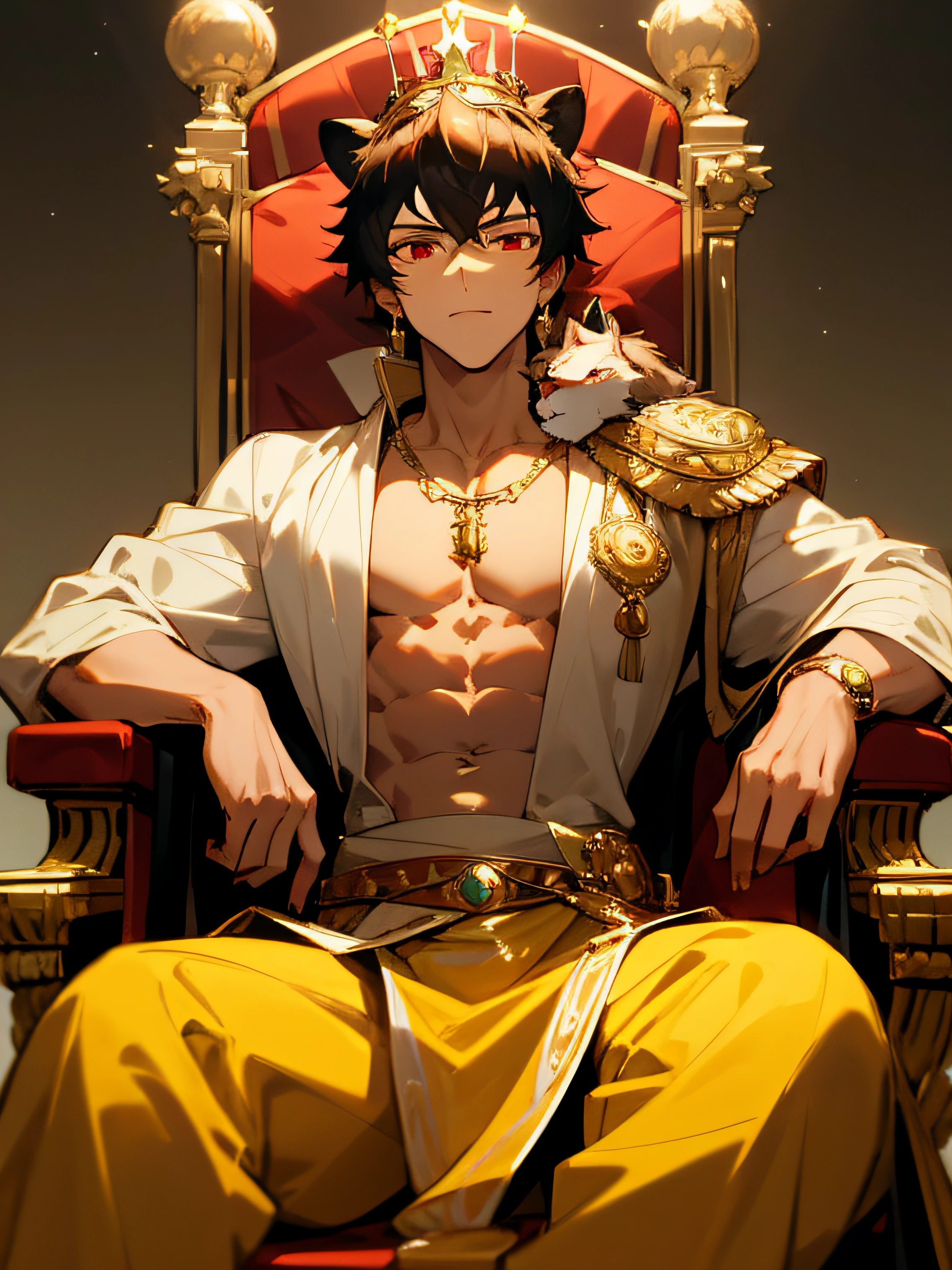 Young man with a crown on his head, kingly air, sitting on a throne with a lion lying at his feet, ornate ornaments, chest muscles, red eyes