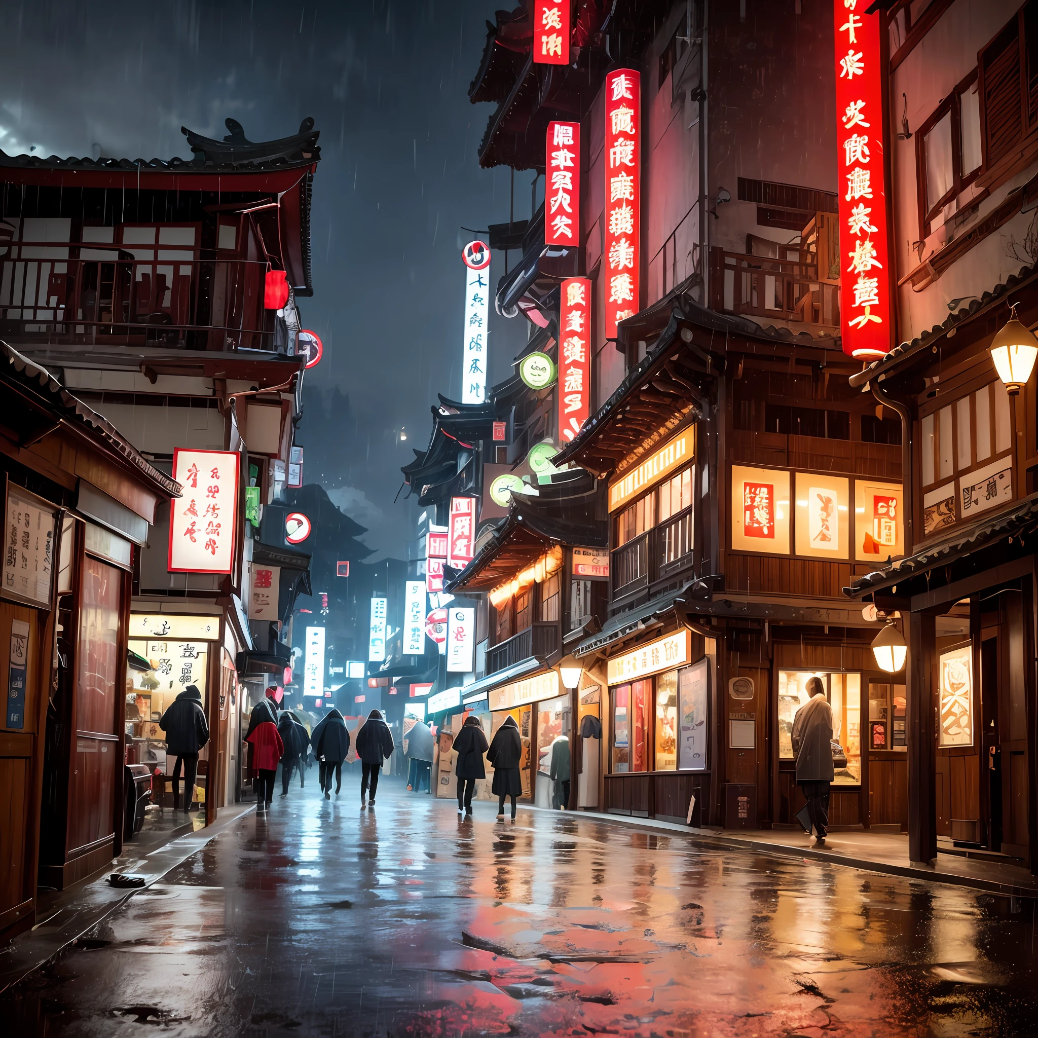 arafed view of a village with a lot of lights on the buildings, dreamy chinese town, chinese village, amazing wallpaper, japanese town, japanese village, hyper realistic photo of a town, old asian village, japanese city, by Raymond Han, rainy evening, cyberpunk chinese ancient castle, beautifully lit buildings, at evening during rain, beautiful and aesthetic, photography, cinematic, 8k, high detailed ((Heavy rain))) --auto