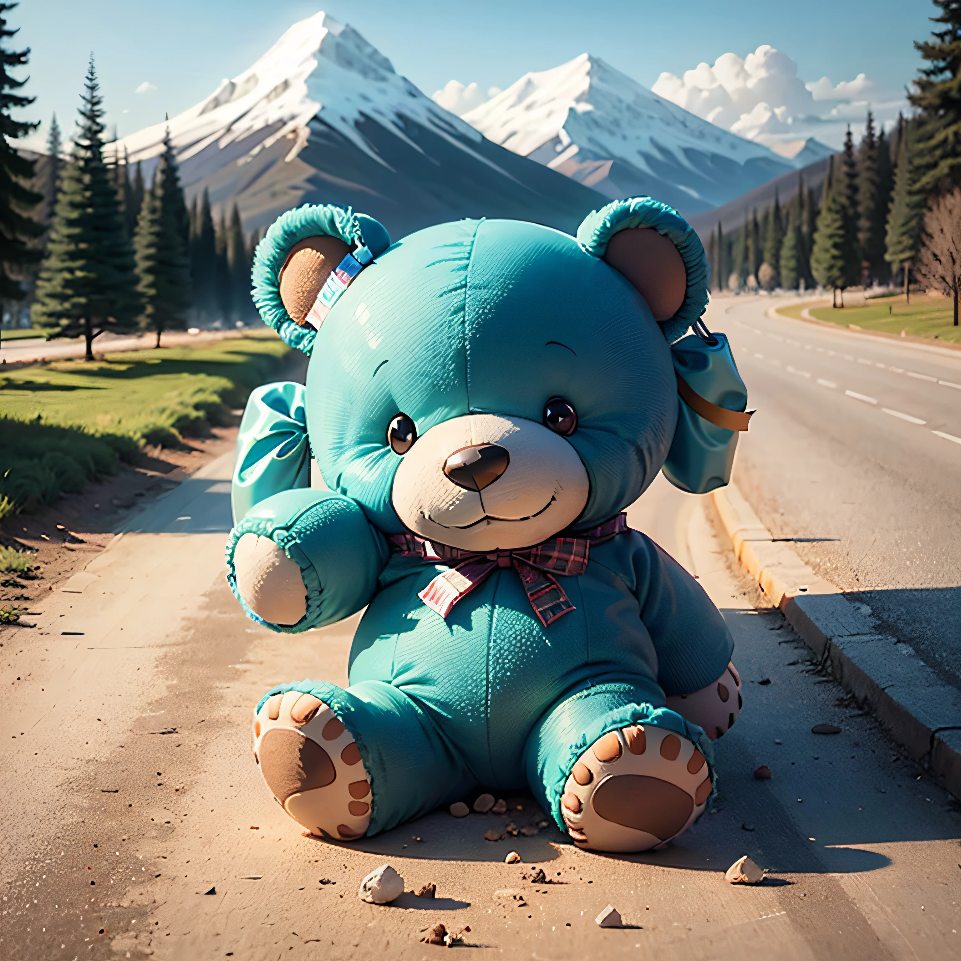 cartoon illustration, blue teddy bear, natural landscape background, 4k image --auto