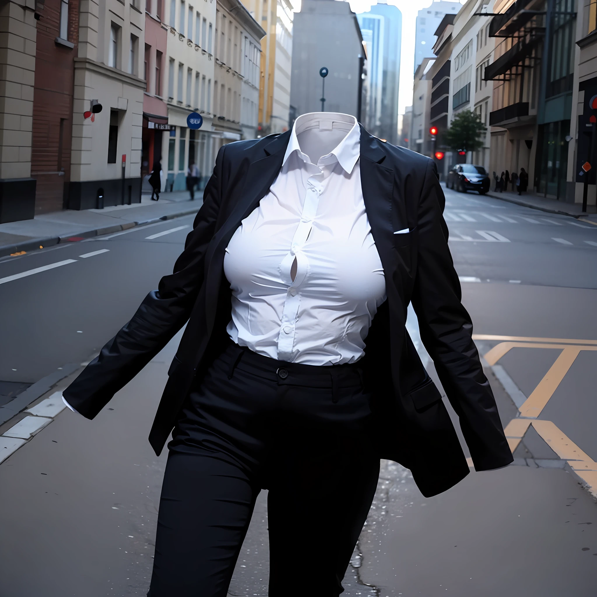 (insanely detailed), (16k), ((no humans)), ((invisible)), ((faceless)), ((headless)), ((empty clothes)), ((huge breasts)), girls' school uniforms swells as if possessed by invisible girls, huge breasts, (pants), (blazer)