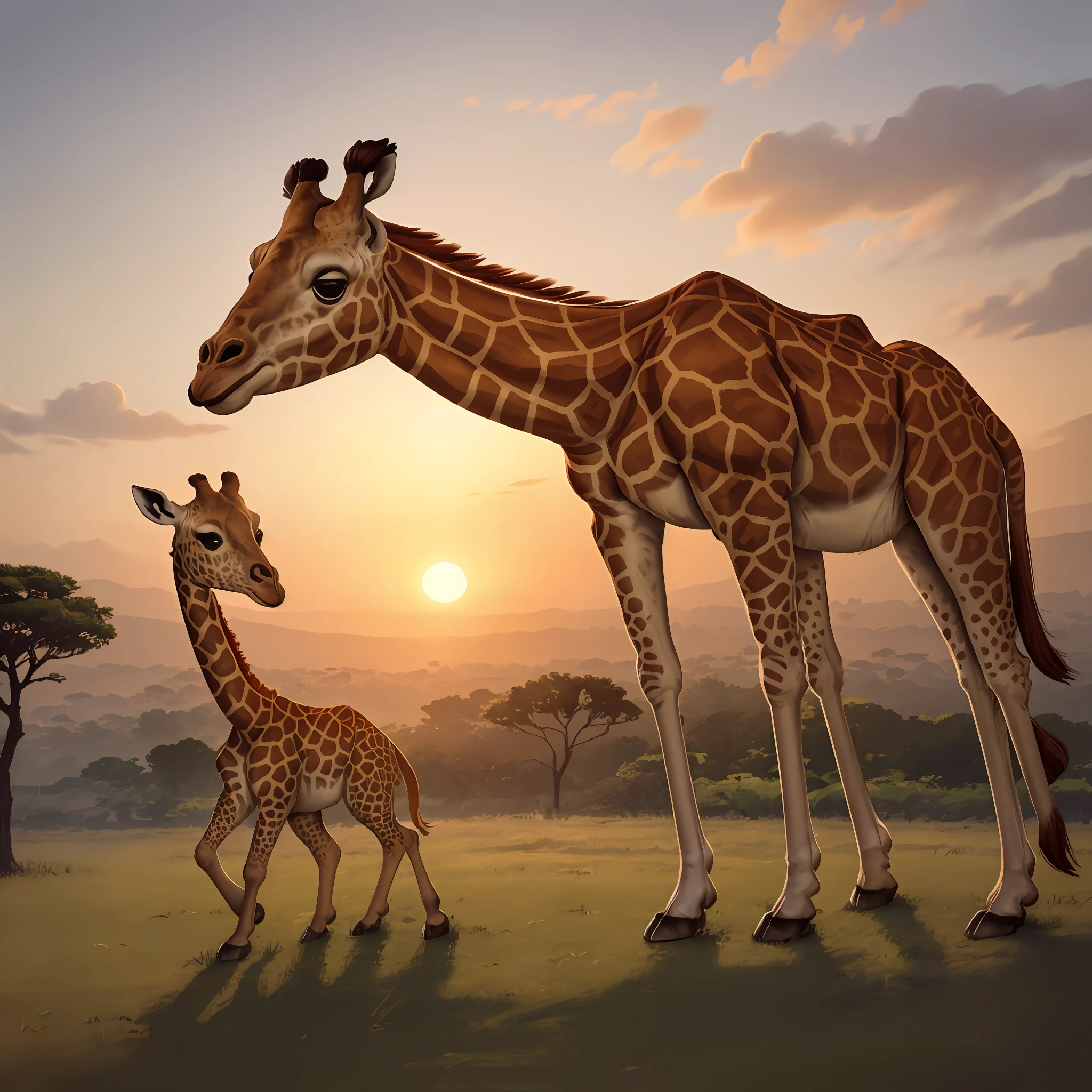 a large-necked giraffe in the African Savanna, with a beautiful sunset in the background, em uma arte linear impressionante, worthy of being on the homepage. The illustration is of the highest quality (x1.2), with perfect cinematic lighting and sharp focus.