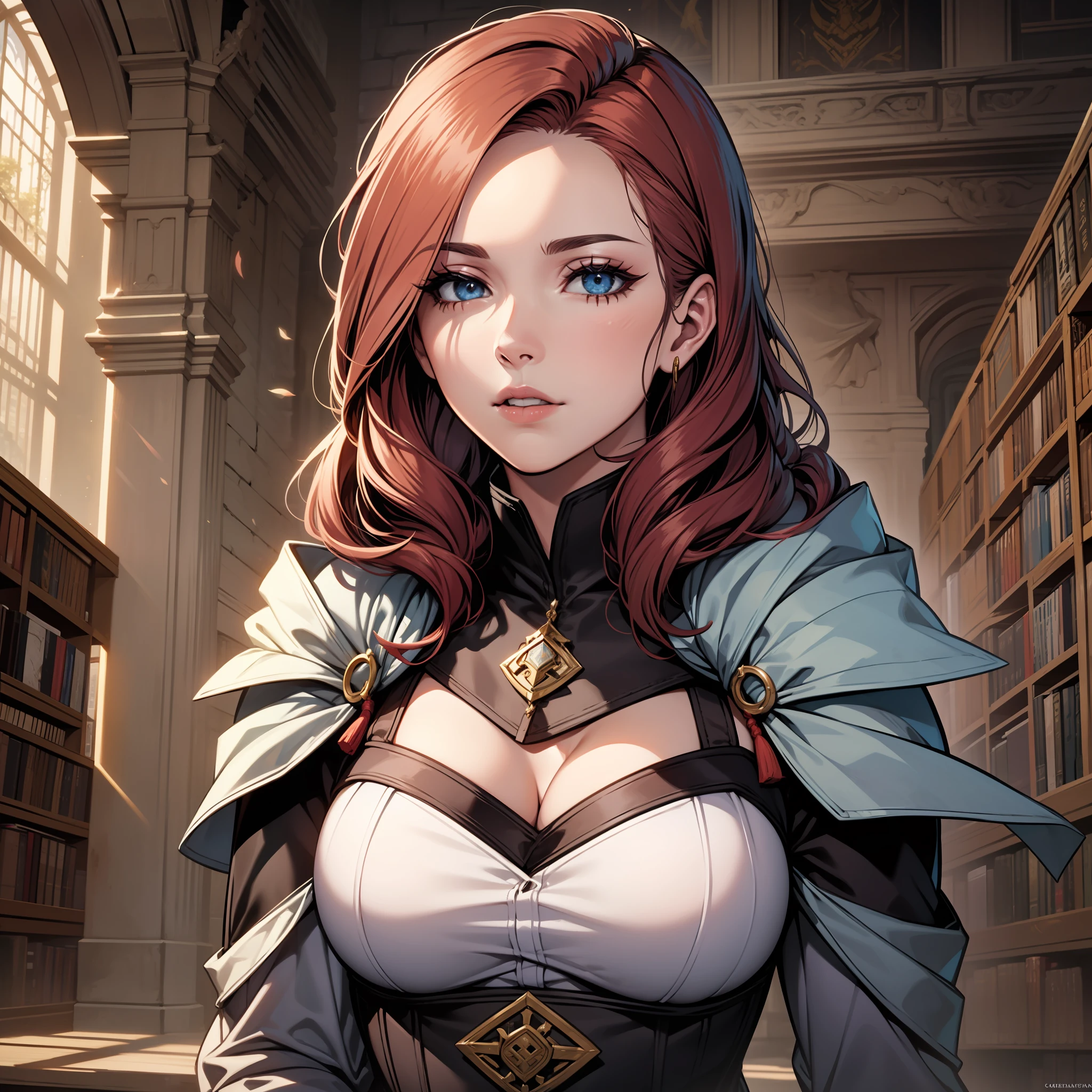 leliana de dragon age, cabelos vermelhos, em uma biblioteca medieval, 4k, masterpiece