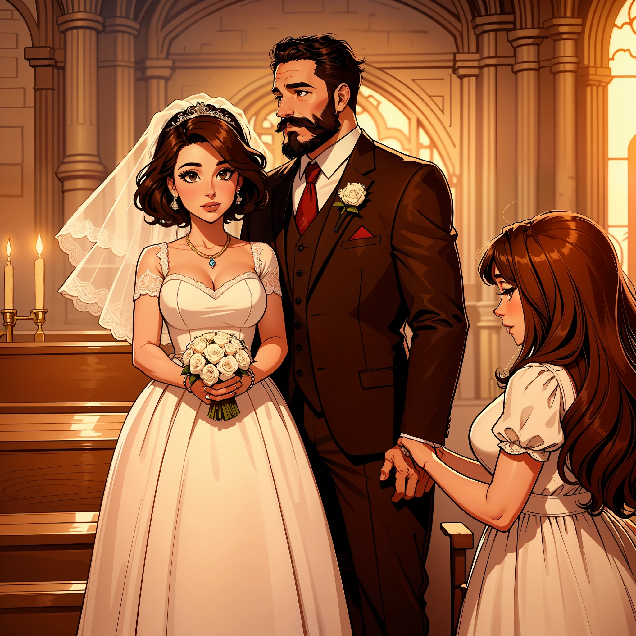 Illustration of a brown-eyed, short-haired, brown 40-year-old bride getting married in church to a 40-year-old man with a beard and mustache dressed in a Disney-style suit